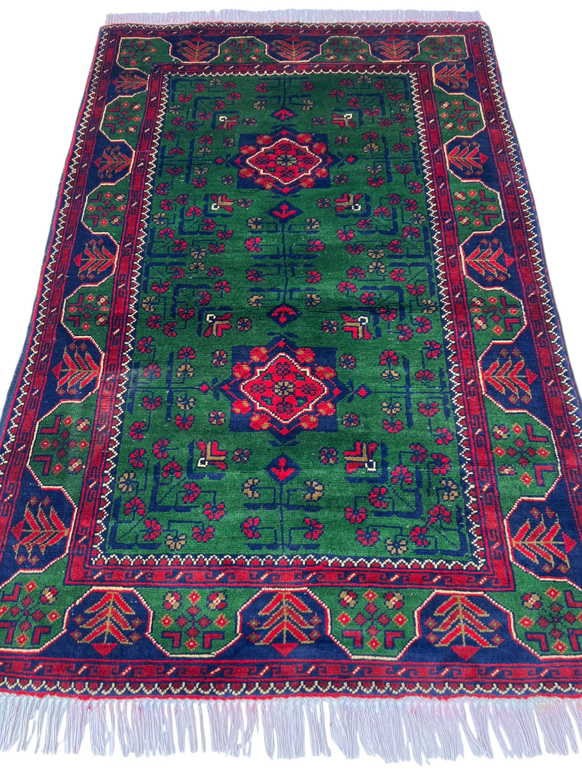 Bukhara Rug 3x5 | Green, Navy & Red | hand-knotted wool | full view, end