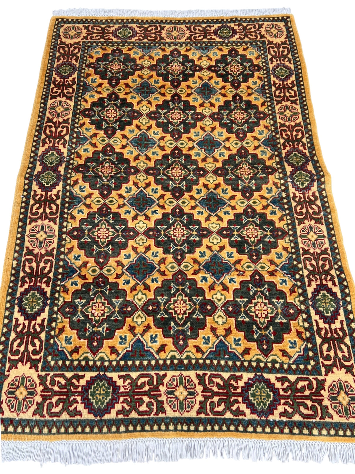 Kazak Rug 3x5 | Gold, Charcoal & Blue | hand-knotted wool | full view, end