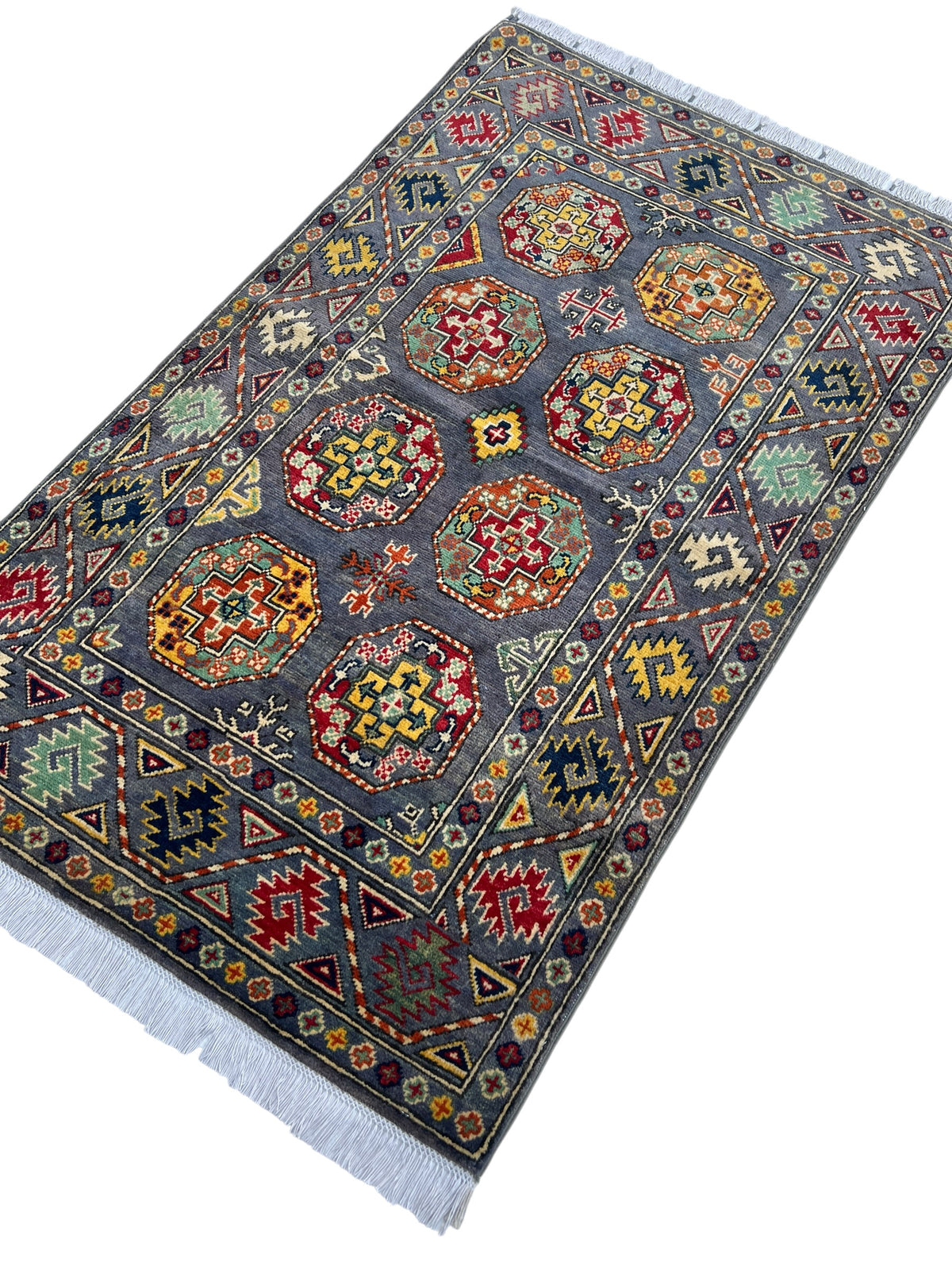 Kazak Rug 3x5 | Charcoal, Red & Gold | hand-knotted wool | angled view