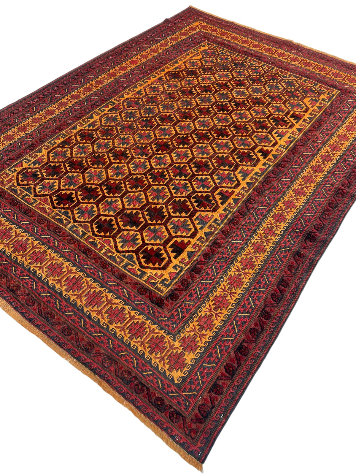 Baluch Rug 6x9 | Black, Gold & Burgundy | hand-knotted wool | angled view