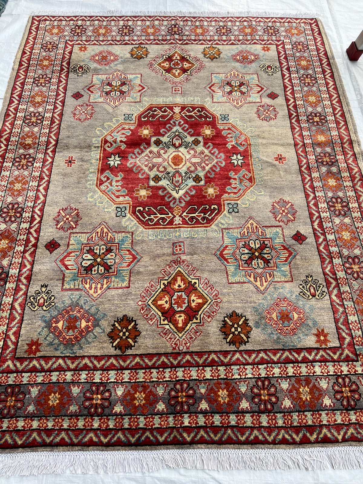 Kazak Rug 5x7 | Gray, Red & Ivory | hand-knotted wool | full view, other end