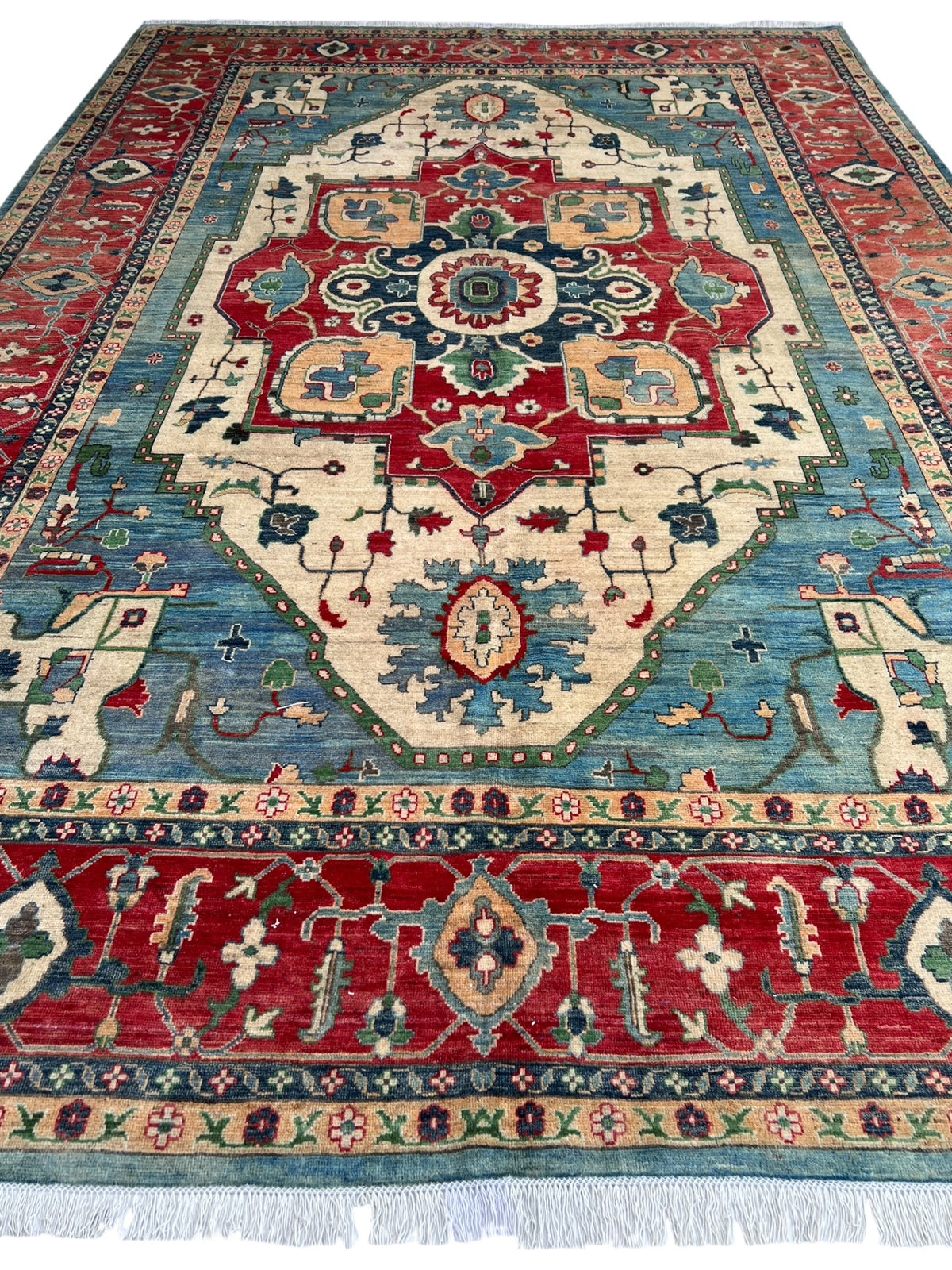 Kazak Rug 9x14 | Teal, Ivory & Red | hand-knotted wool | full view, other end