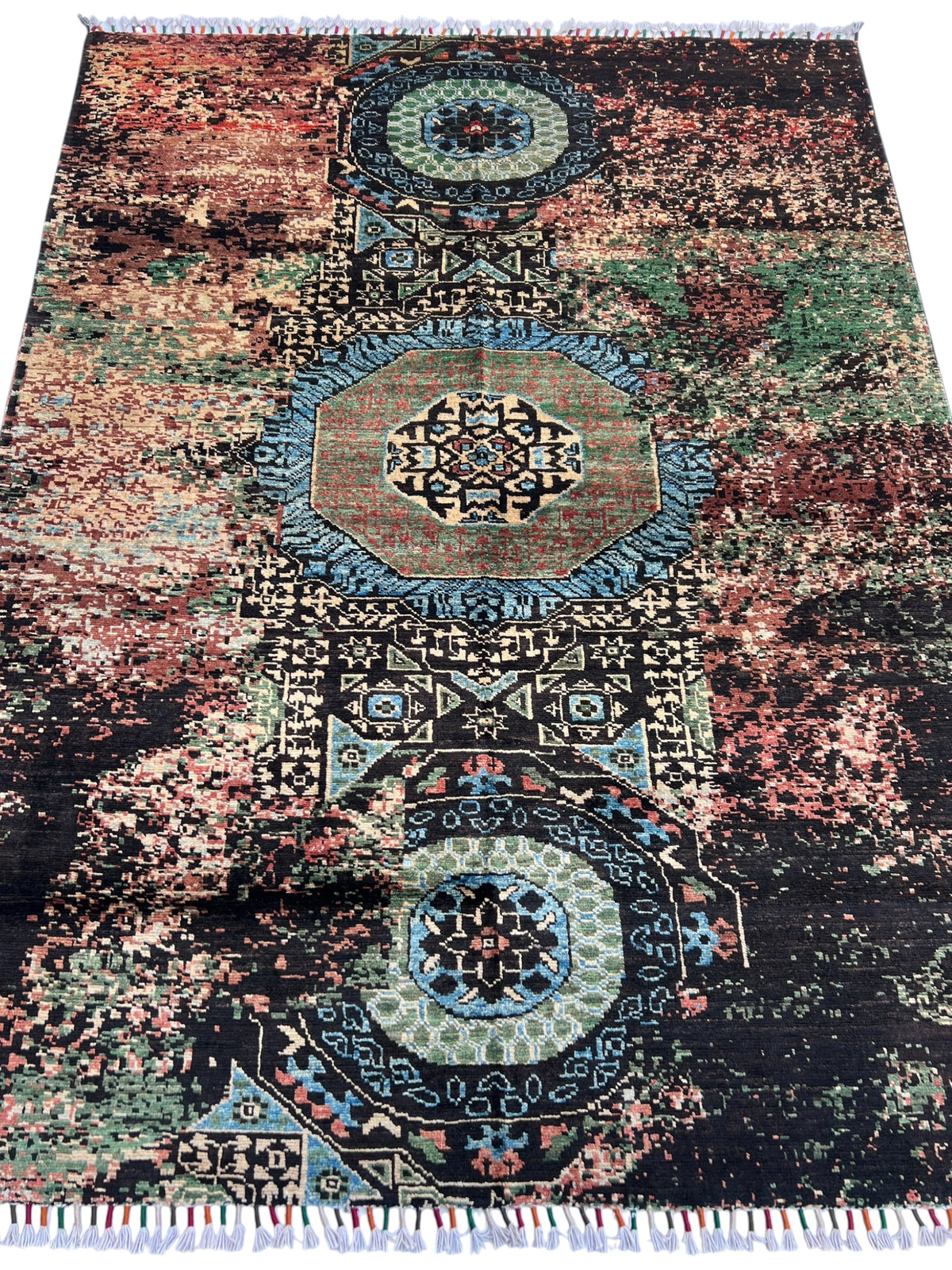 Modern Abstract Rug 5x7 | Black, Rose & Light Blue | hand-knotted wool | full view, other end