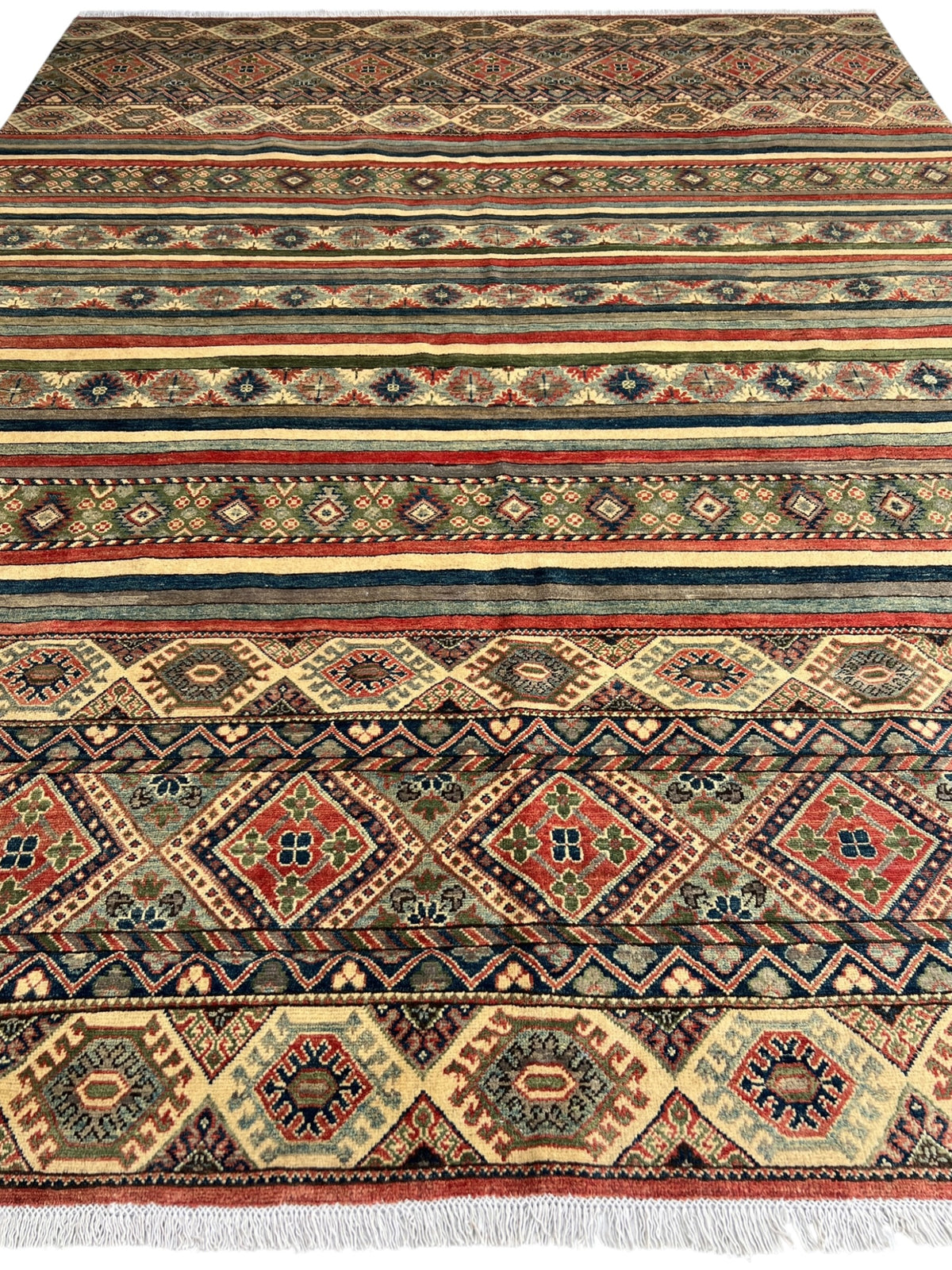 Kazak Rug 9x12 | Ivory, Red & Navy | hand-knotted wool | full view, other end