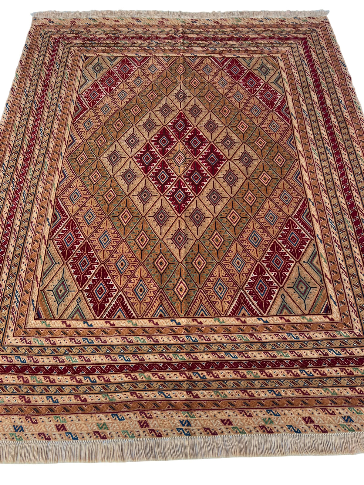 Baluch Rug 5x7 | Gold, Orange & Red | hand-knotted wool | full view, end