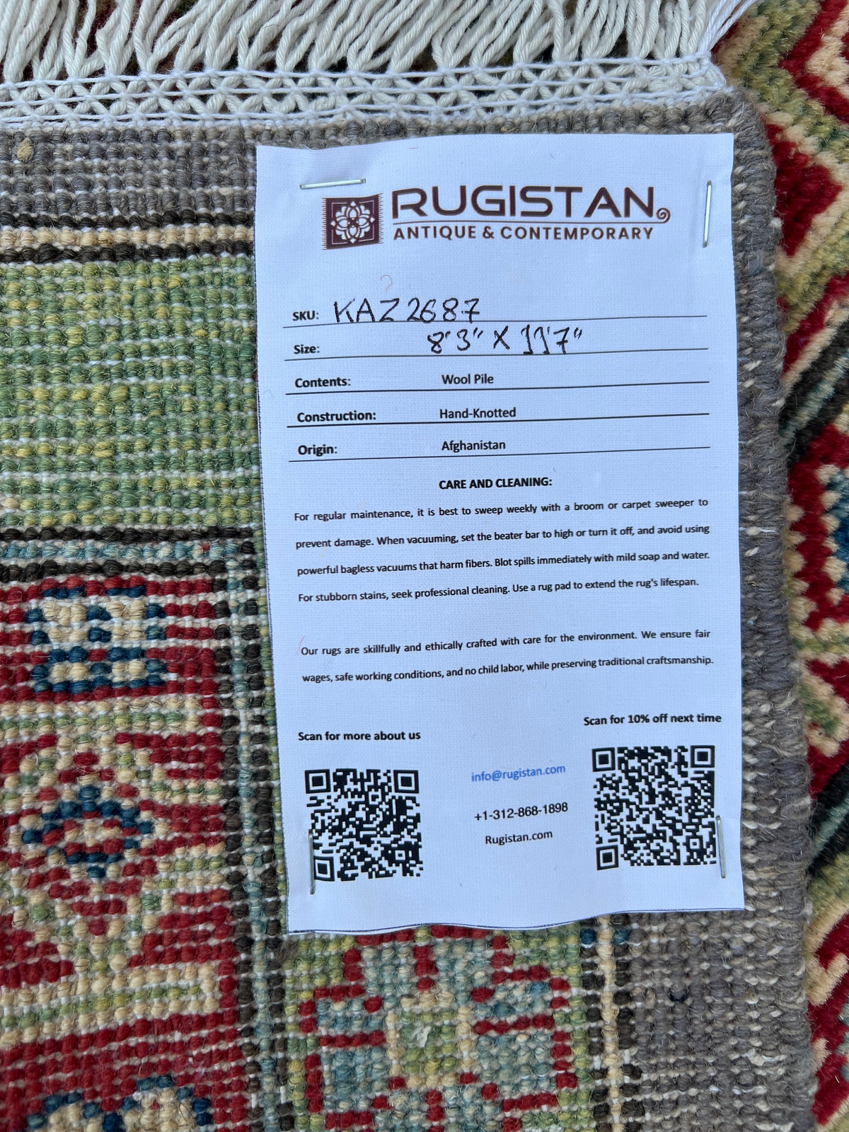 Kazak Rug 8x8 | Charcoal, Red & Ivory | hand-knotted wool | Rugistan® rug ID tag