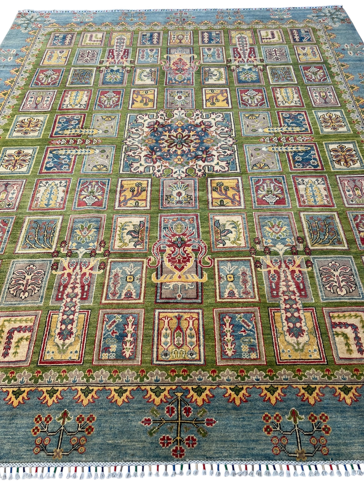Kazak Garden Rug 8x10 | Green, Light Blue & Gold | hand-knotted wool | full view, other end