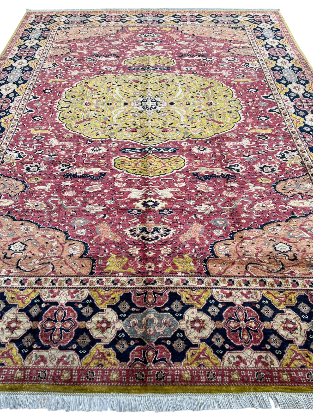 Chobi Rug 8x12 | Gold, Ivory & Red | hand-knotted wool | full view, end