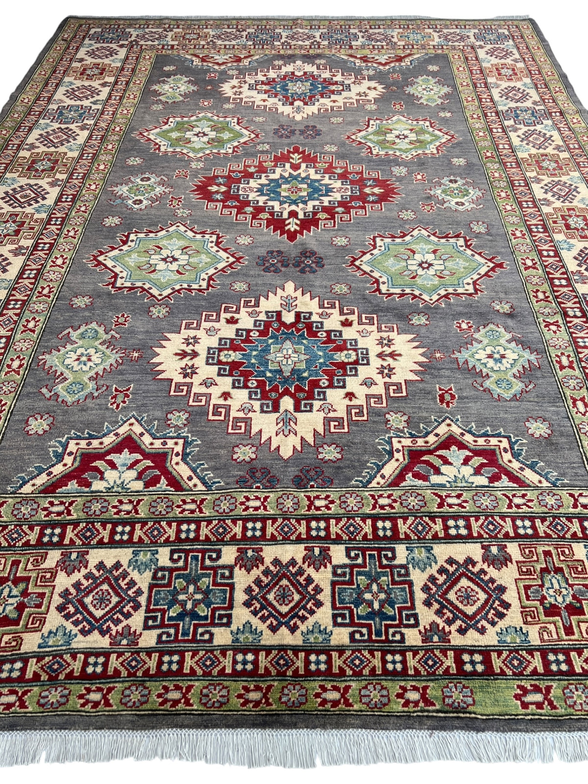 Kazak Rug 8x8 | Charcoal, Red & Ivory | hand-knotted wool | full view, other end
