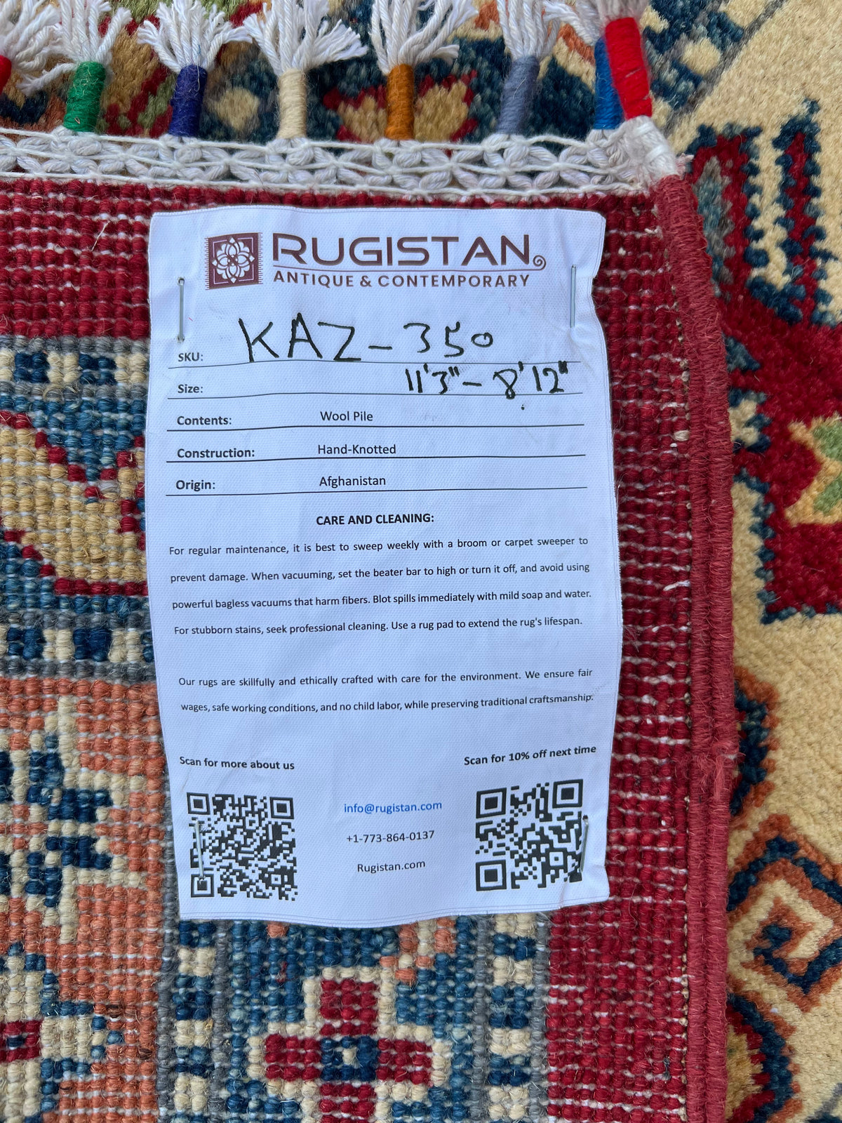 Kazak Rug 9x12 | Red, Ivory & Blue | hand-knotted wool | Rugistan® rug ID tag