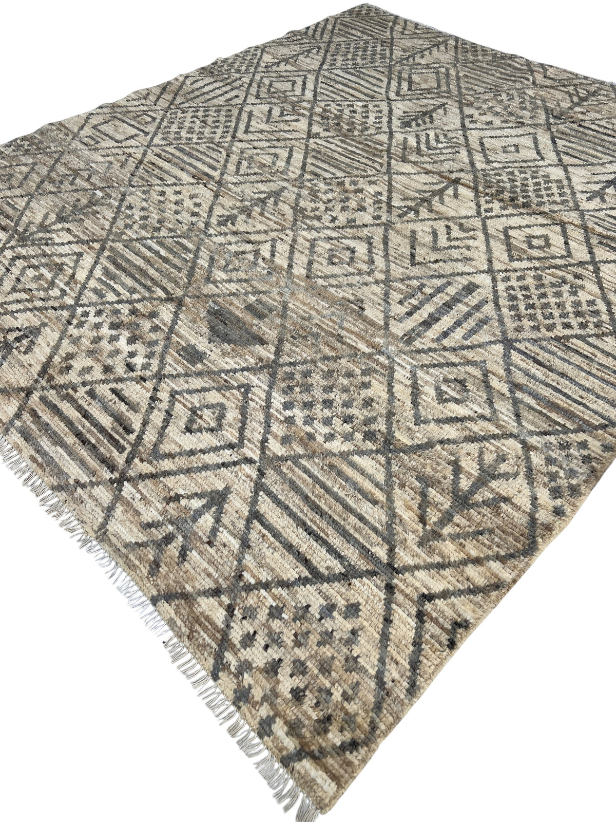 Moroccan-Style Rug 8x10 | Ivory & Charcoal | hand-knotted wool | angled view