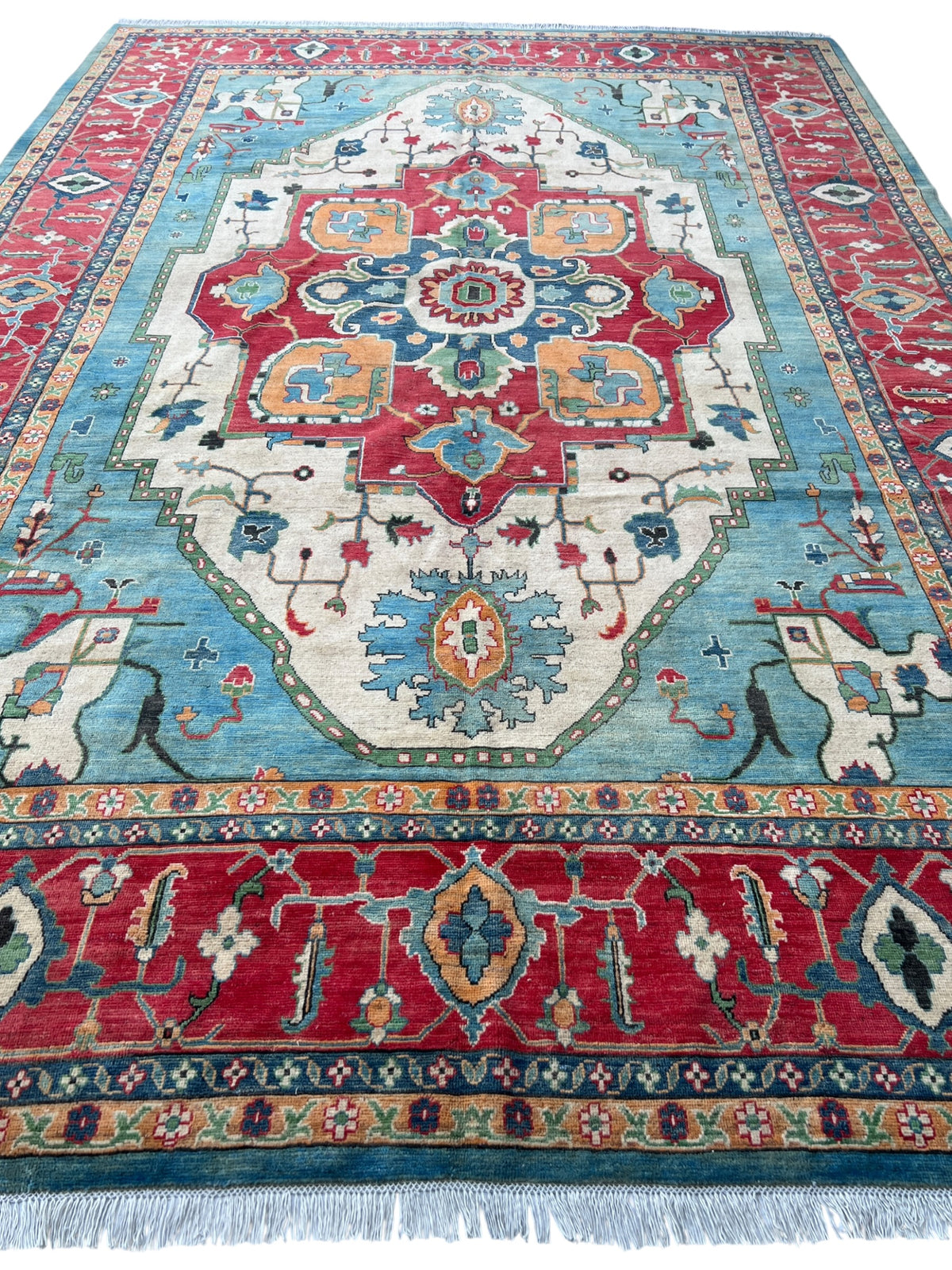 Kazak Rug 9x14 | Teal, Ivory & Red | hand-knotted wool | full view, end