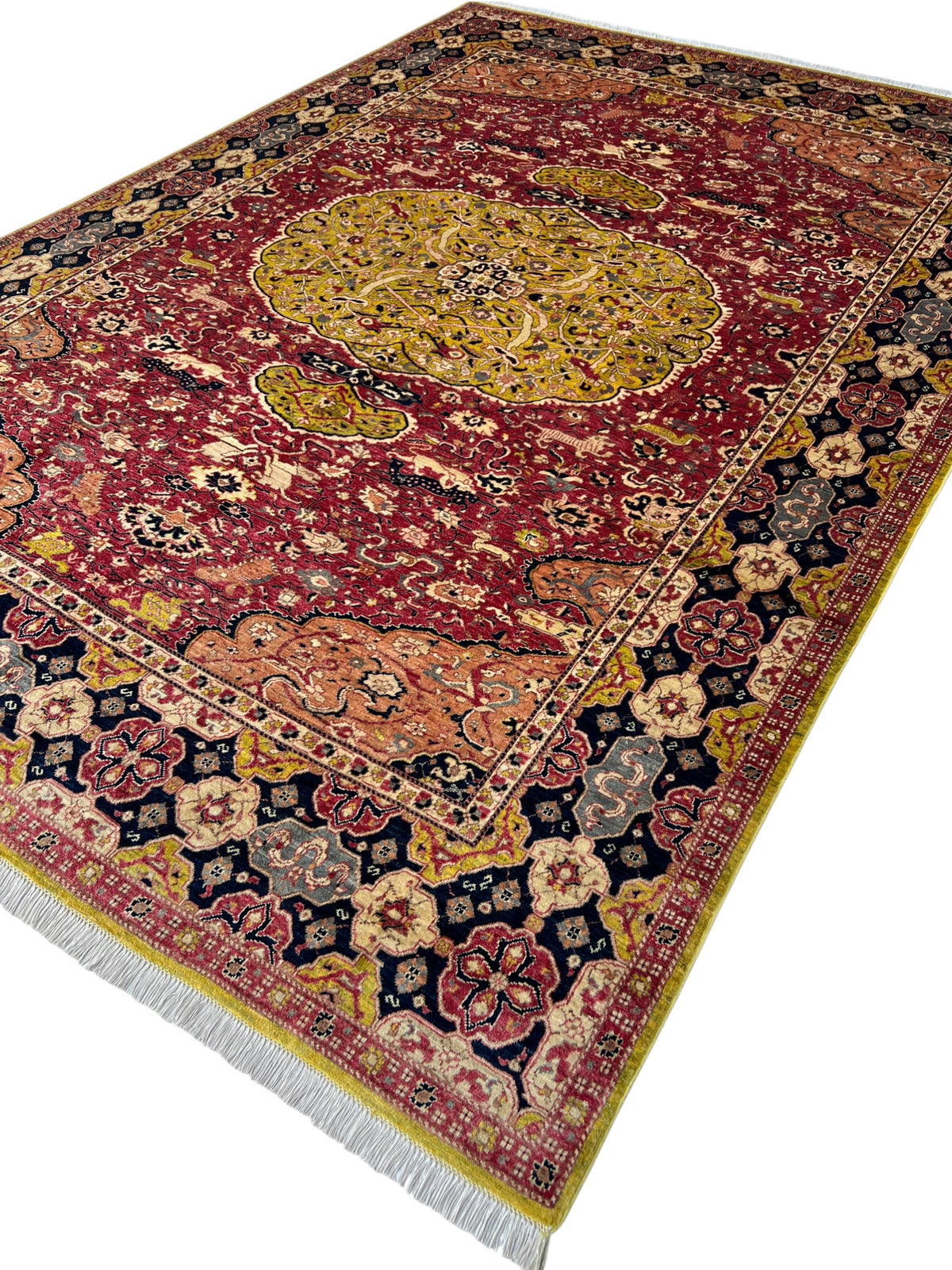 Chobi Rug 8x12 | Gold, Ivory & Red | hand-knotted wool | angled view