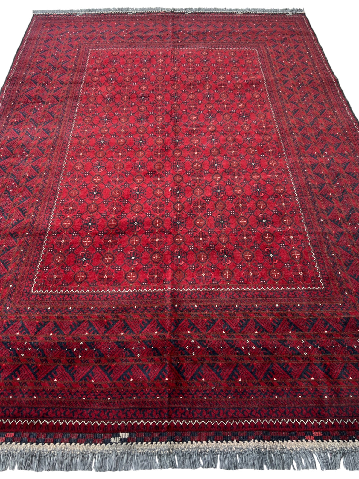 Bashiri Rug 6x9 | Red, Burgundy & Navy | hand-knotted wool | full view, end