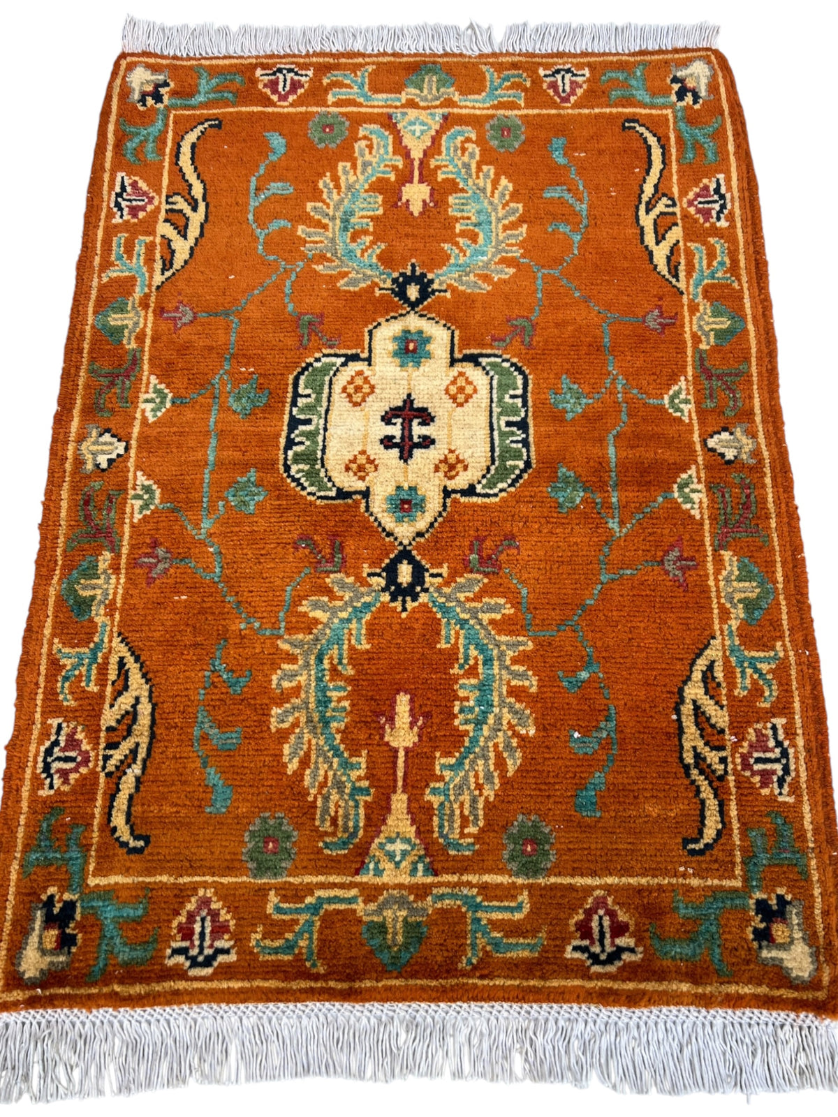 Kazak Rug 2x3 | Rust, Orange & Teal | hand-knotted wool | full view, end