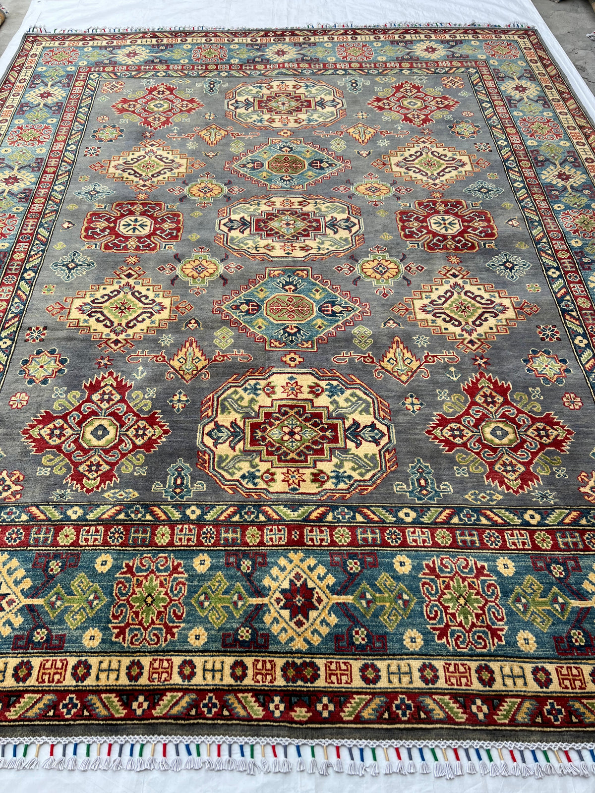 Kazak Rug 8x10 | Gray, Ivory & Red | hand-knotted wool | full view, other end