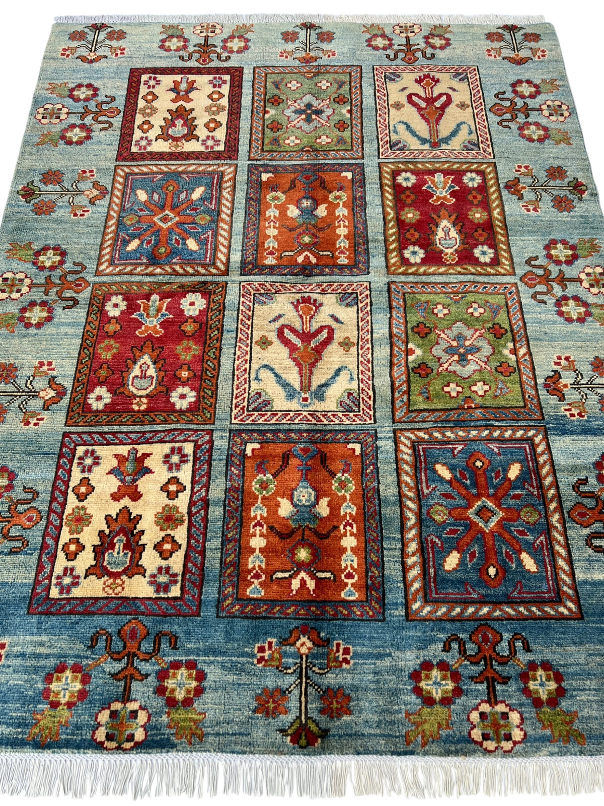 Kazak Rug 5x6 | Light Blue, Red & Gold | hand-knotted wool | full view, end