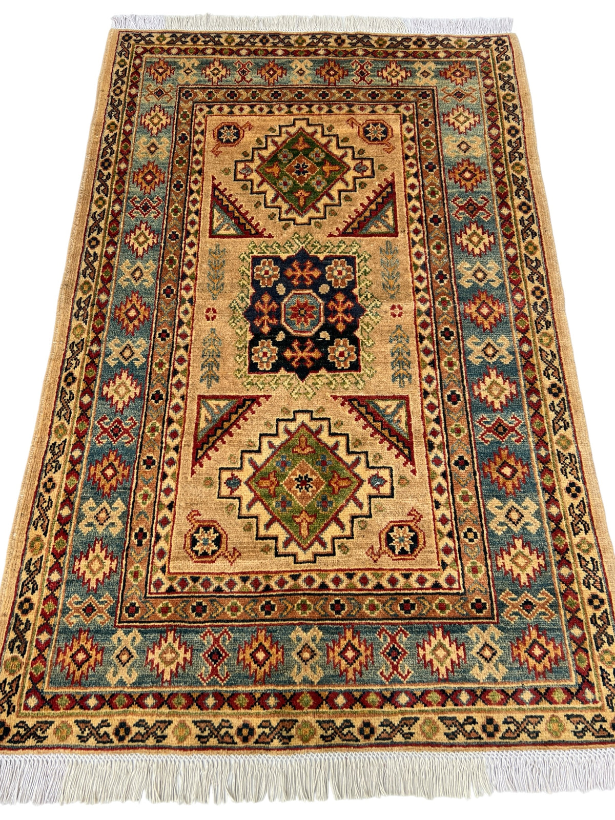 Kazak Rug 3x5 | Beige, Light Blue & Navy | hand-knotted wool | full view, end