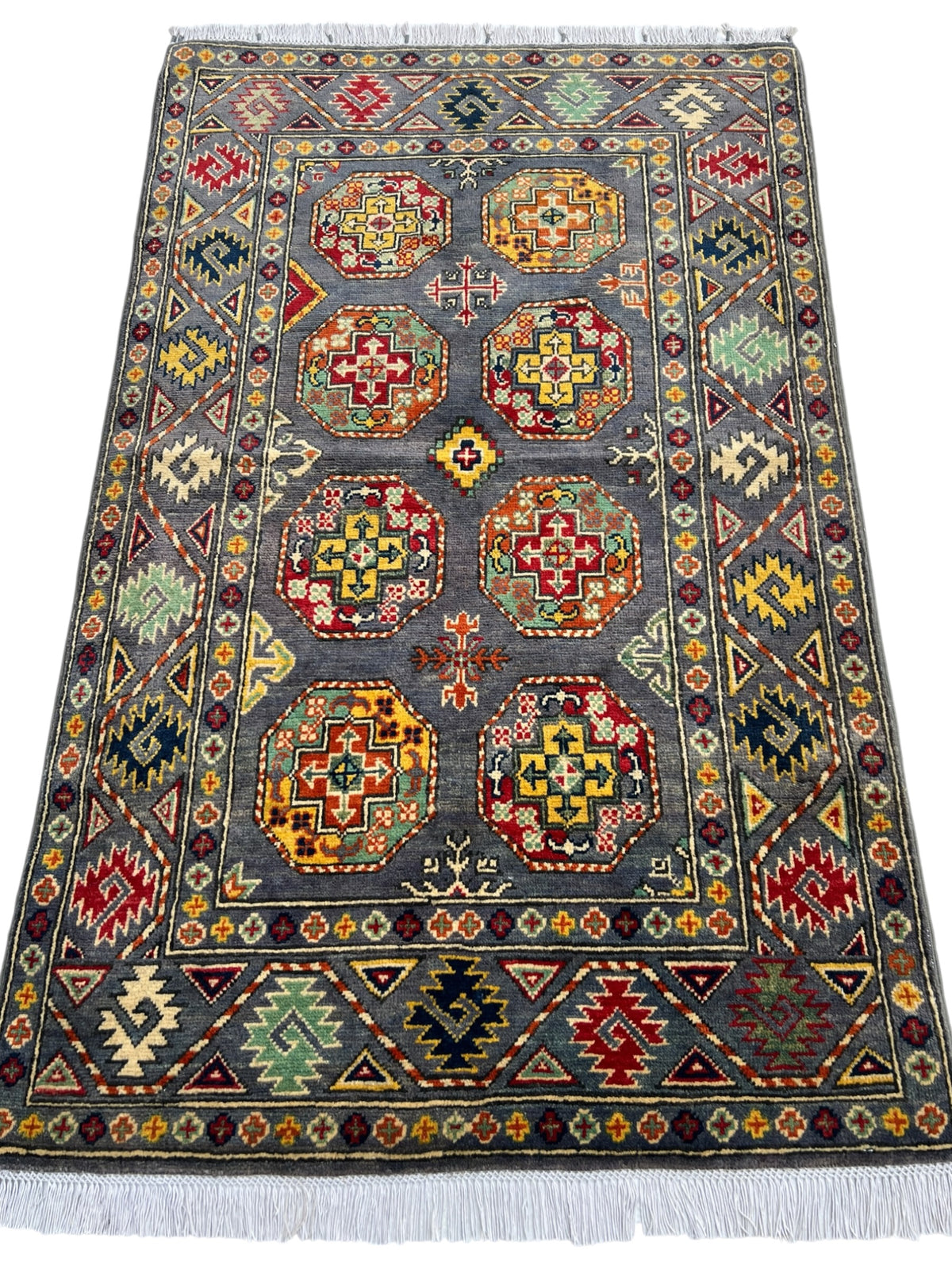 Kazak Rug 3x5 | Charcoal, Red & Gold | hand-knotted wool | full view, other end