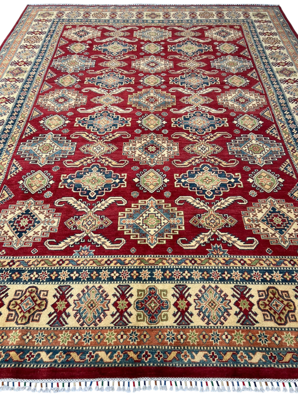 Kazak Rug 9x12 | Red, Ivory & Blue | hand-knotted wool | full view, end