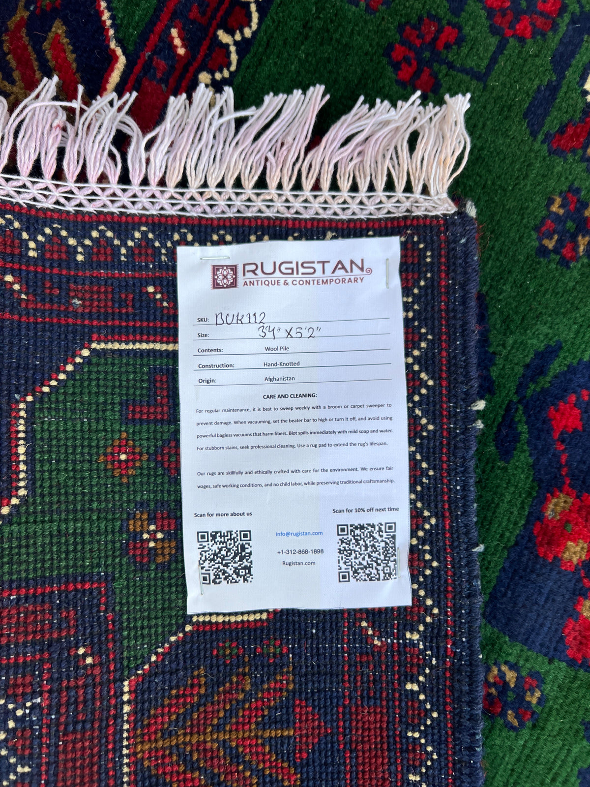 Bukhara Rug 3x5 | Green, Navy & Red | hand-knotted wool | Rugistan® rug ID tag