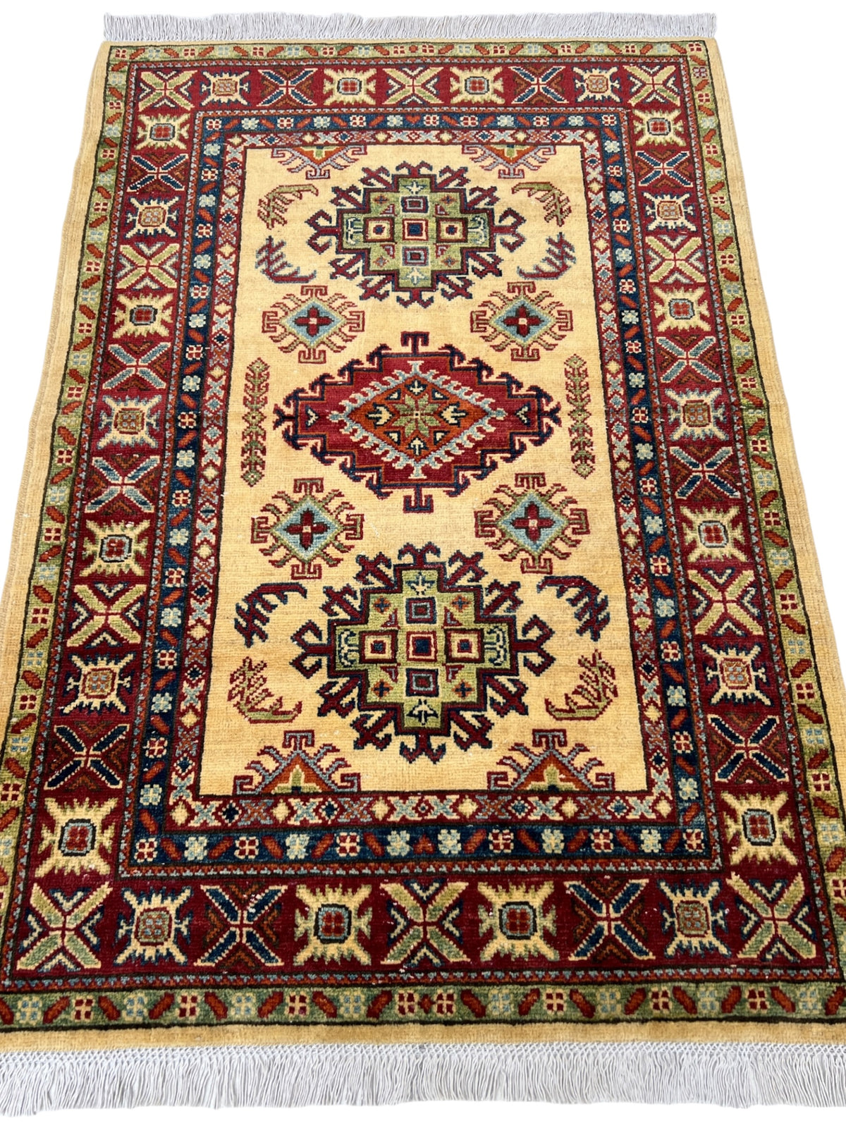 Kazak Rug 3x5 | Ivory, Red & Navy | hand-knotted wool | full view, end