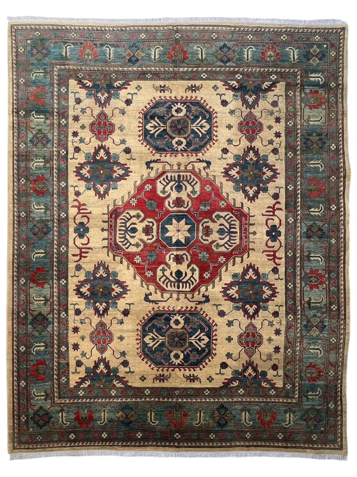 Kazak Rug 10x13 | Ivory, Red & Navy | hand-knotted wool