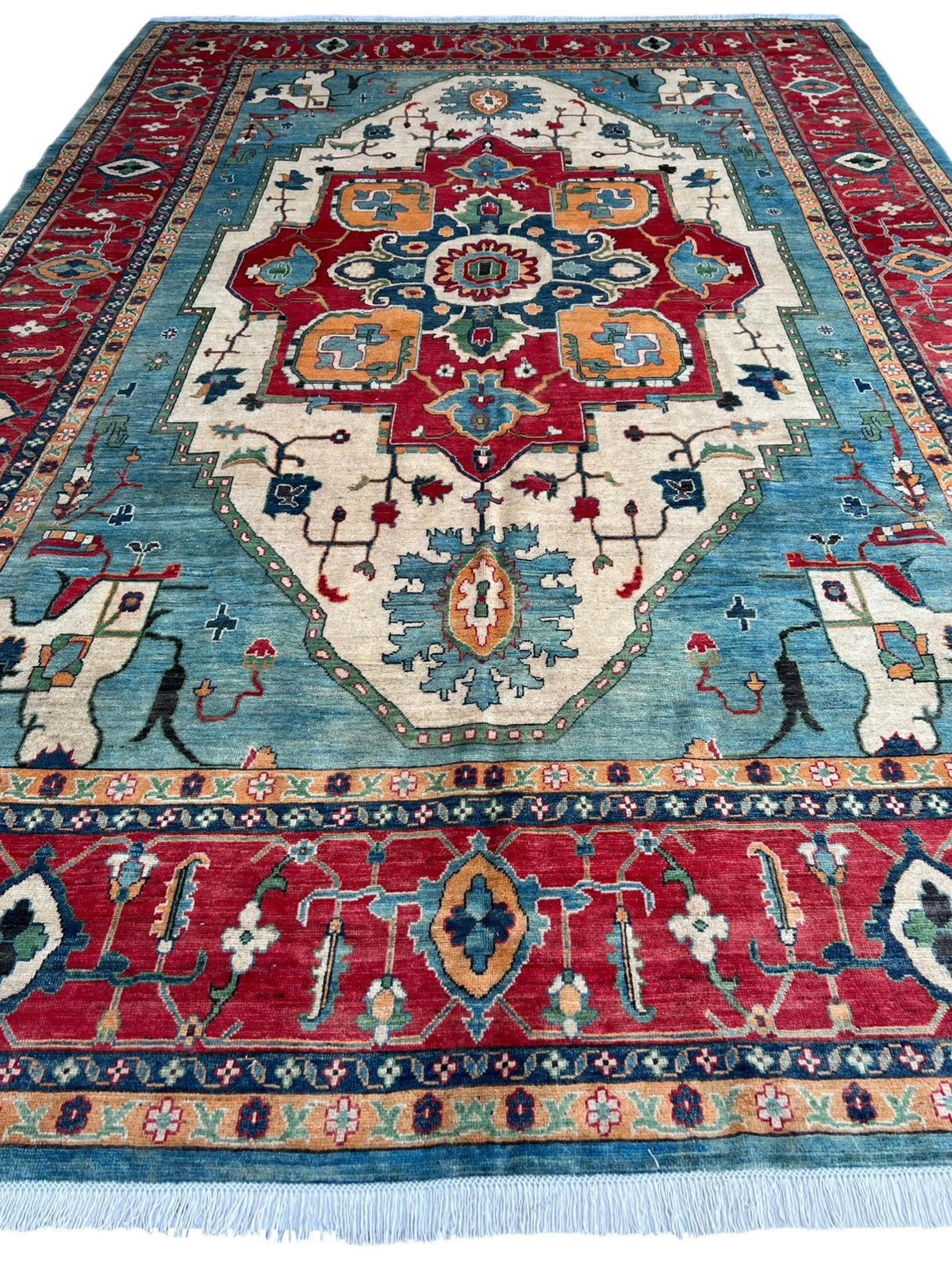 Kazak Rug 9x14 | Teal, Ivory & Red | hand-knotted wool | full view, other end