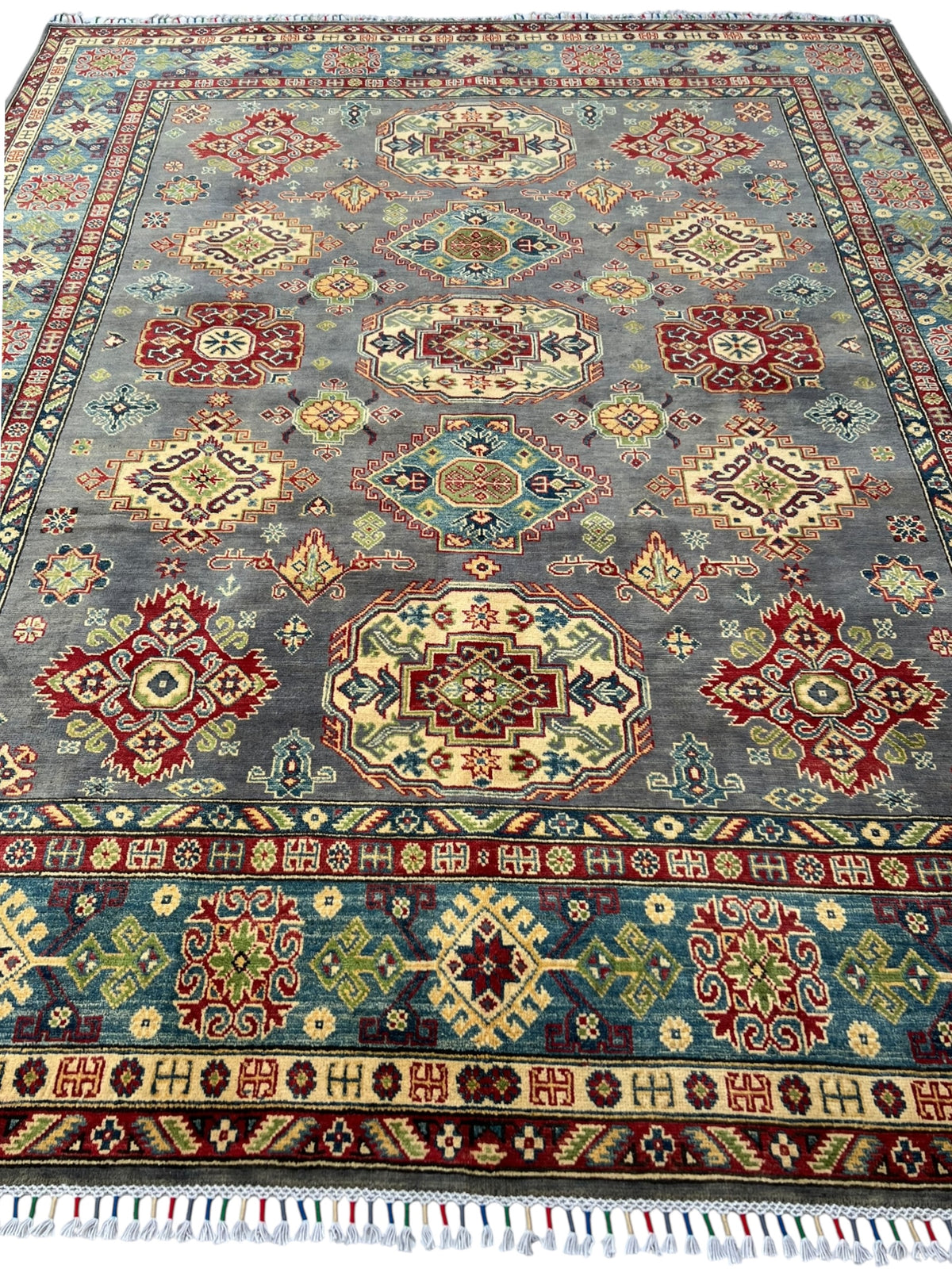 Kazak Rug 8x10 | Gray, Ivory & Red | hand-knotted wool | full view, end