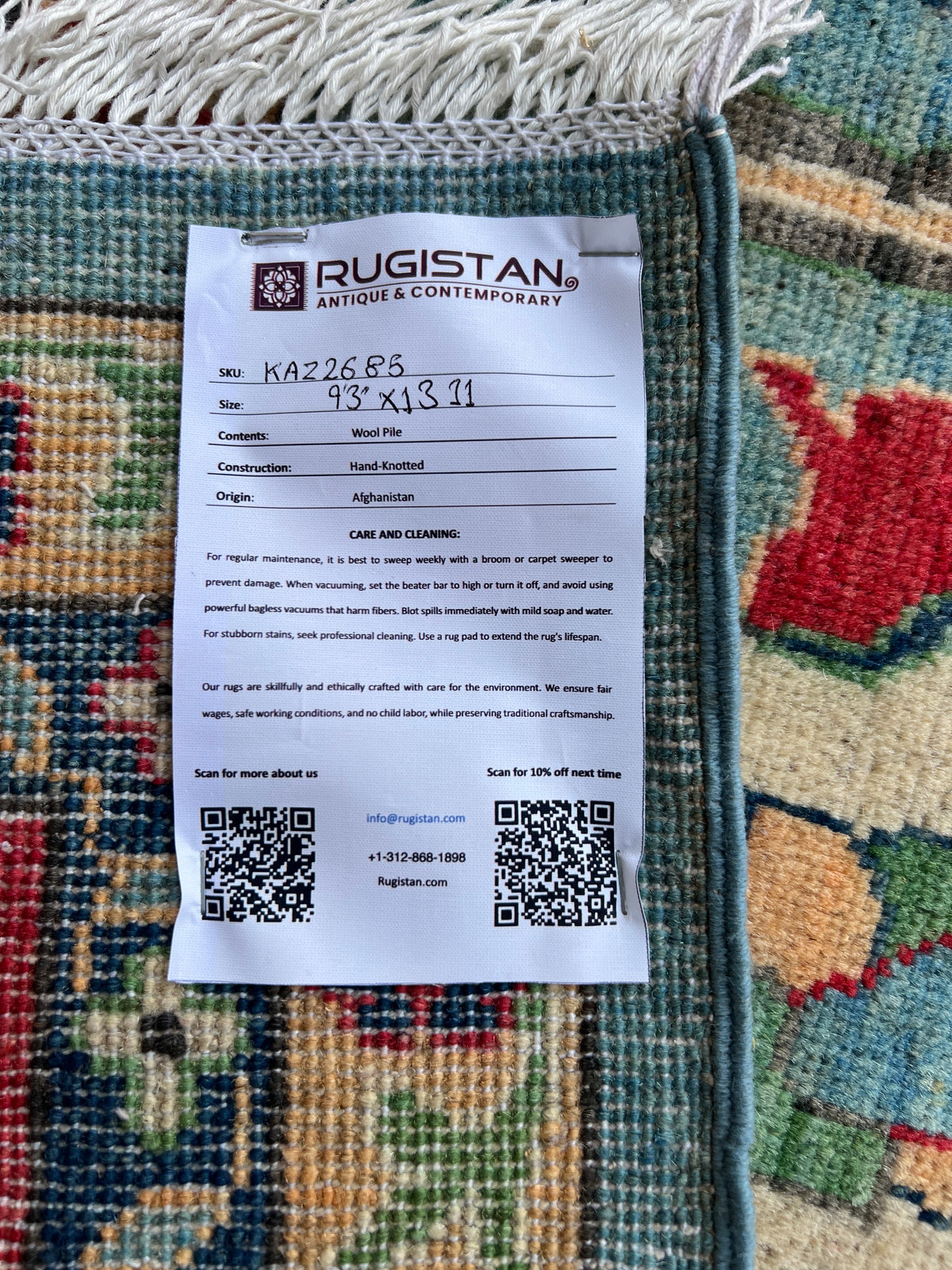 Kazak Rug 9x14 | Teal, Ivory & Red | hand-knotted wool | Rugistan® rug ID tag