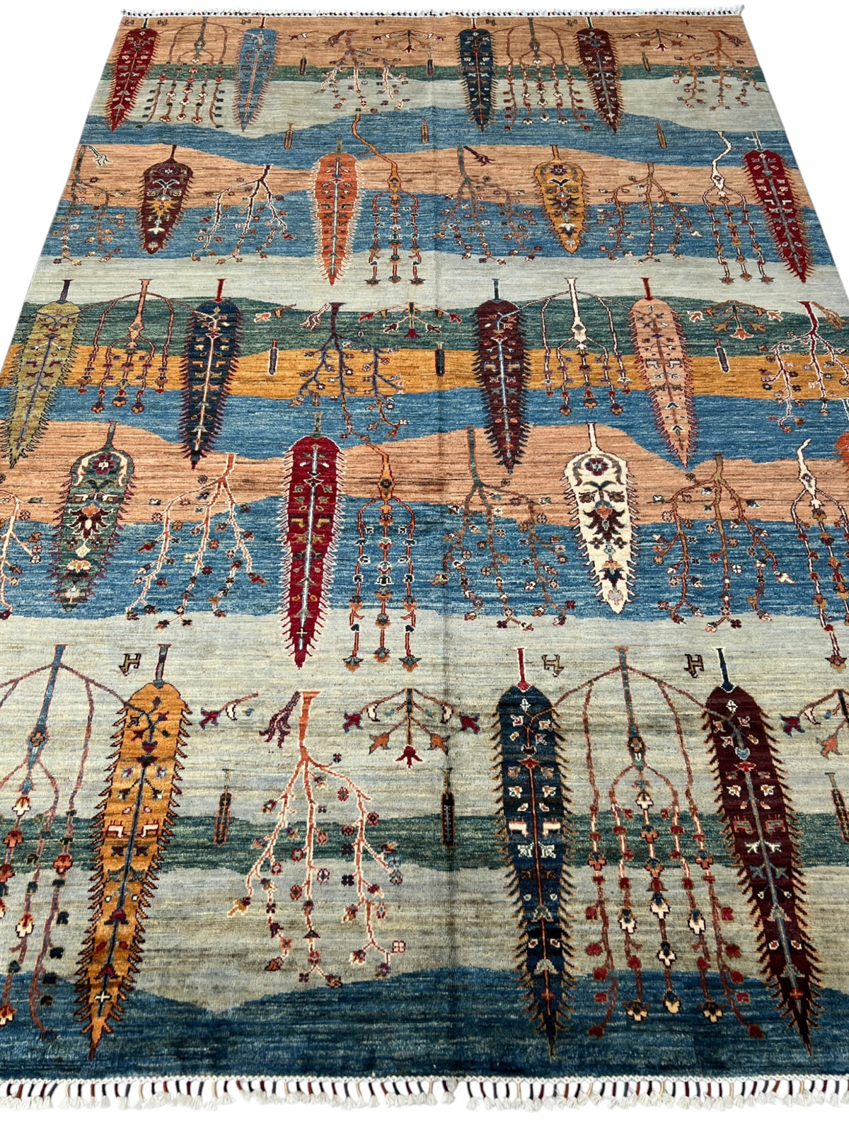 Gabbeh Rug 7x10 | Blue, Peach & Navy | hand-knotted wool | full view, end