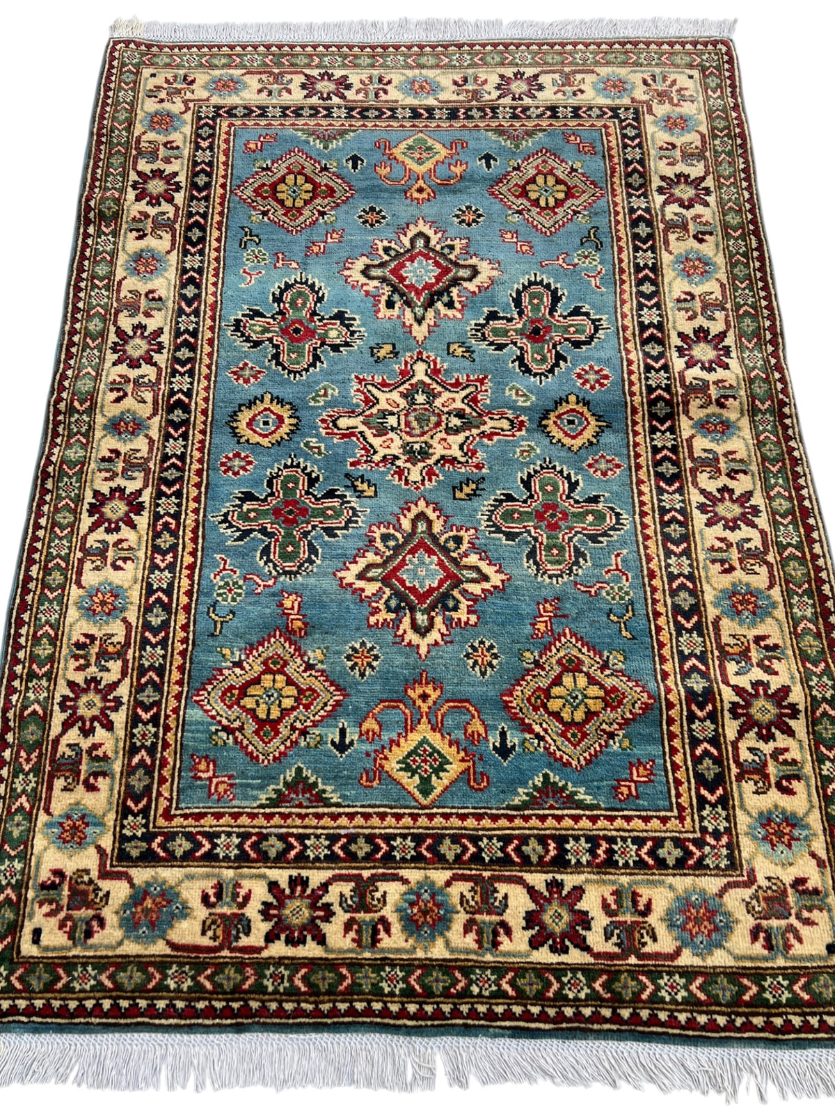 Kazak Rug 4x5 | Blue, Red & Ivory | hand-knotted wool | full view, end
