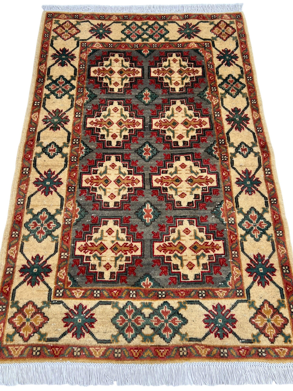 Kazak Rug 3x5 | Burgundy, Ivory & Red | hand-knotted wool | full view, end