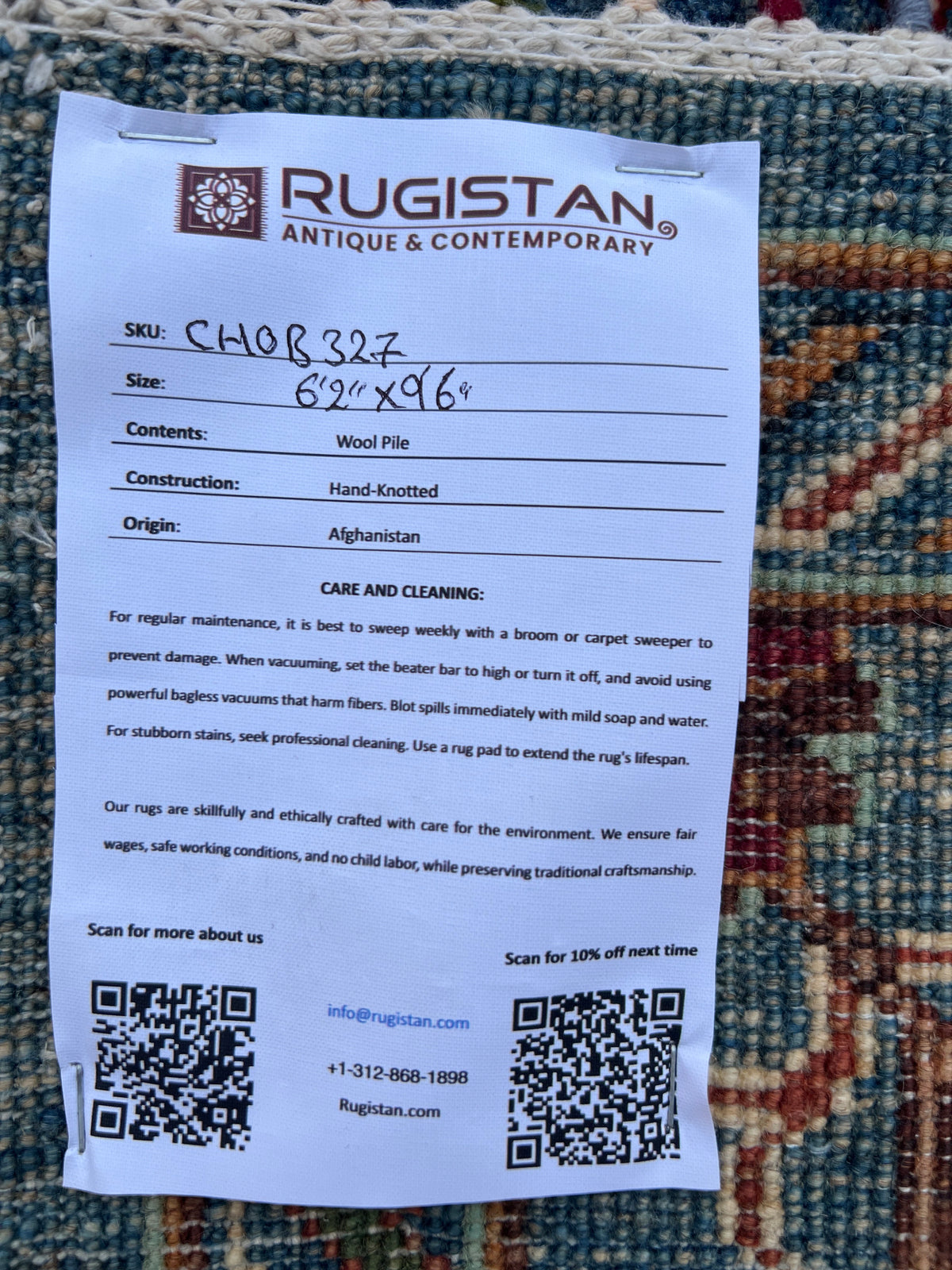 Chobi Rug 6x9 | hand-knotted wool | Rugistan® rug ID tag