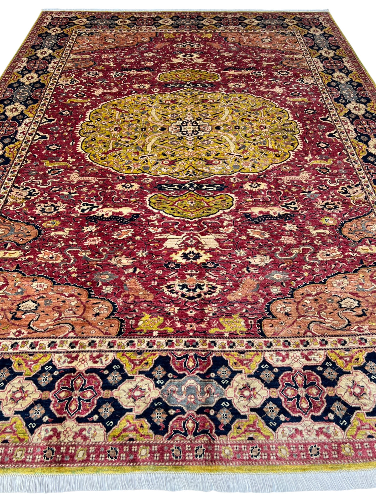 Chobi Rug 8x12 | Gold, Ivory & Red | hand-knotted wool | full view, other end