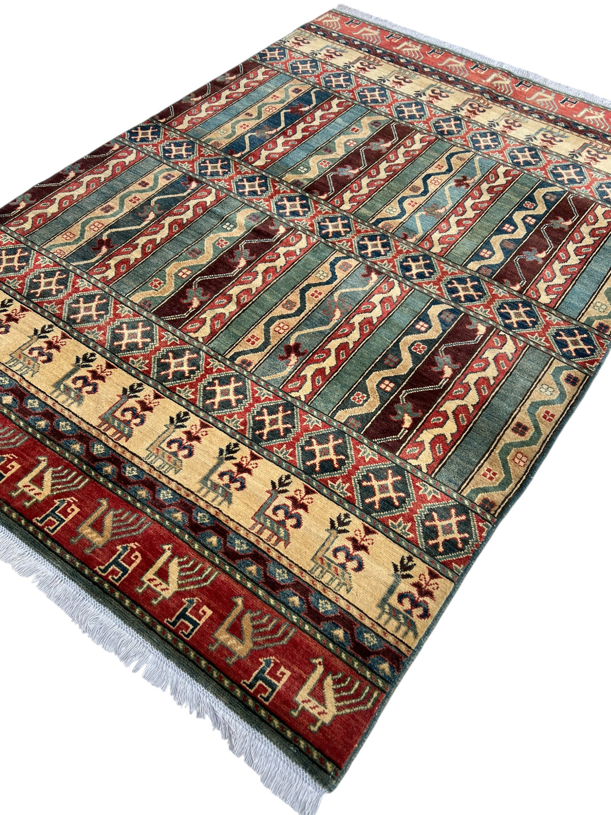 Kazak Rug 6x8 | Green, Red & Ivory | hand-knotted wool | angled view