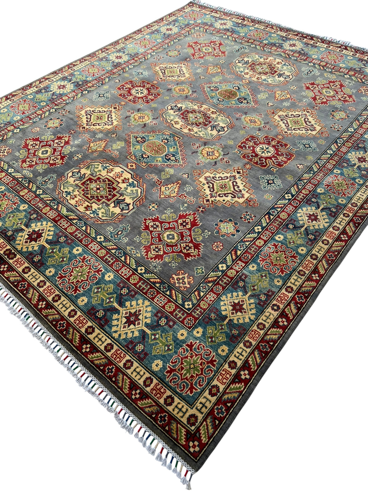 Kazak Rug 8x10 | Gray, Ivory & Red | hand-knotted wool | angled view