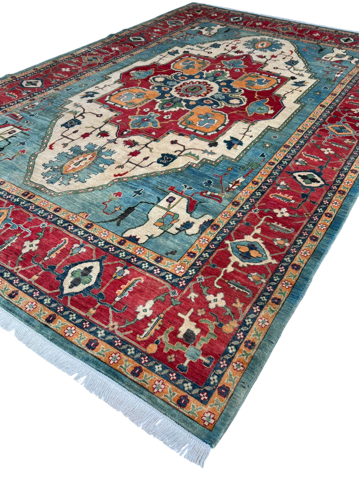 Kazak Rug 9x14 | Teal, Ivory & Red | hand-knotted wool | angled view