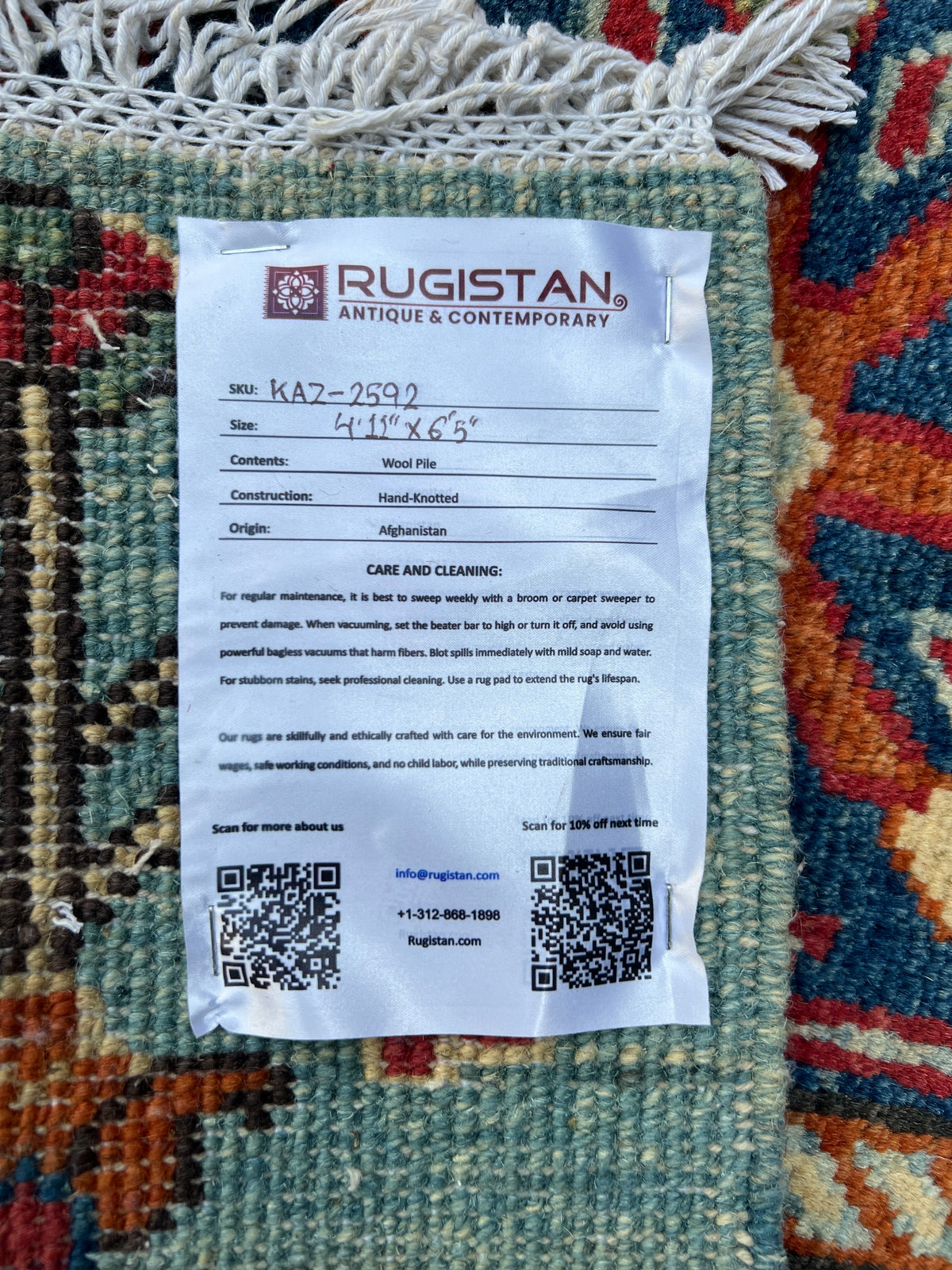 Kazak Rug 5x6 | Light Blue, Red & Gold | hand-knotted wool | Rugistan® rug ID tag