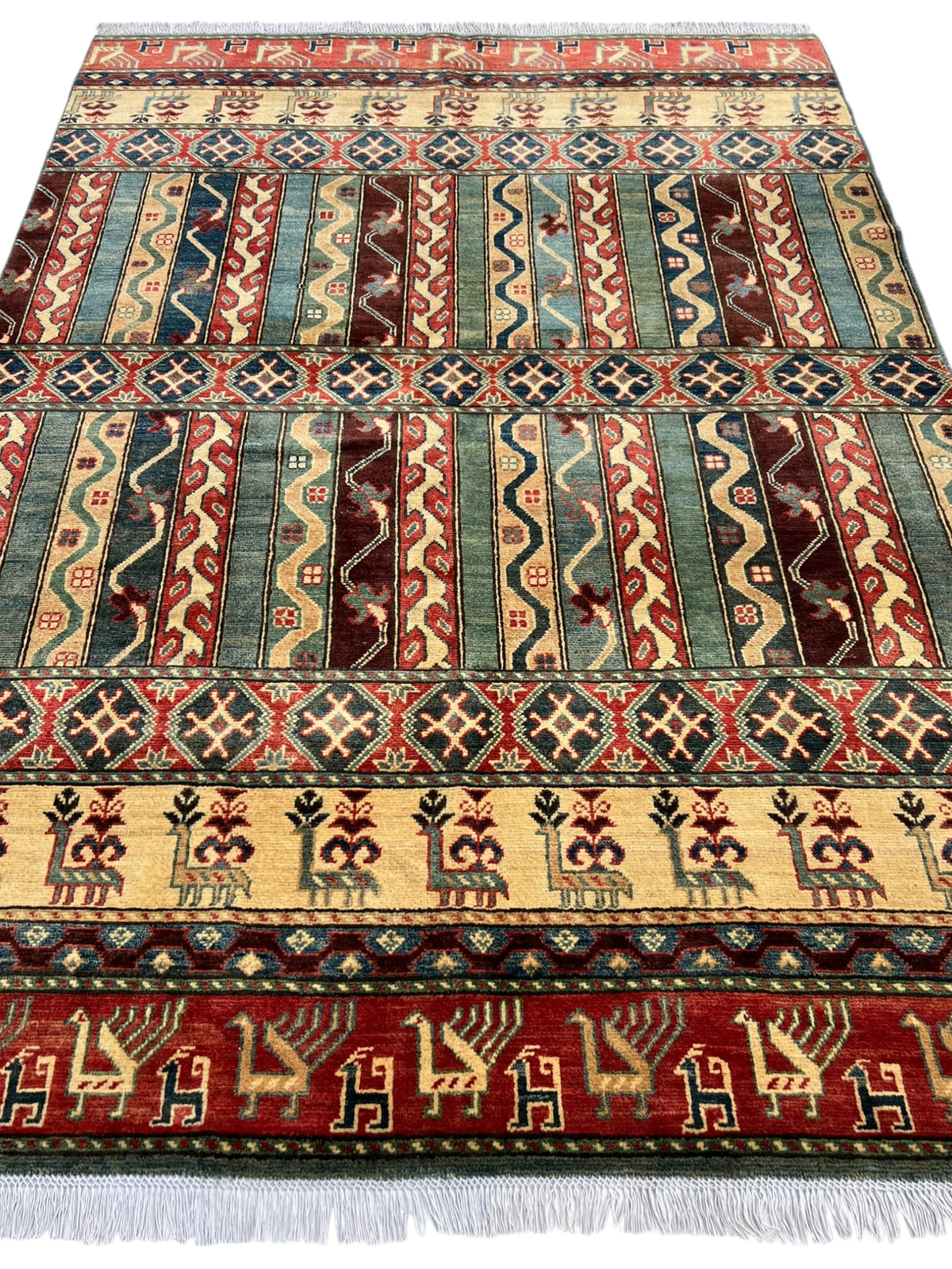 Kazak Rug 6x8 | Green, Red & Ivory | hand-knotted wool | full view, other end