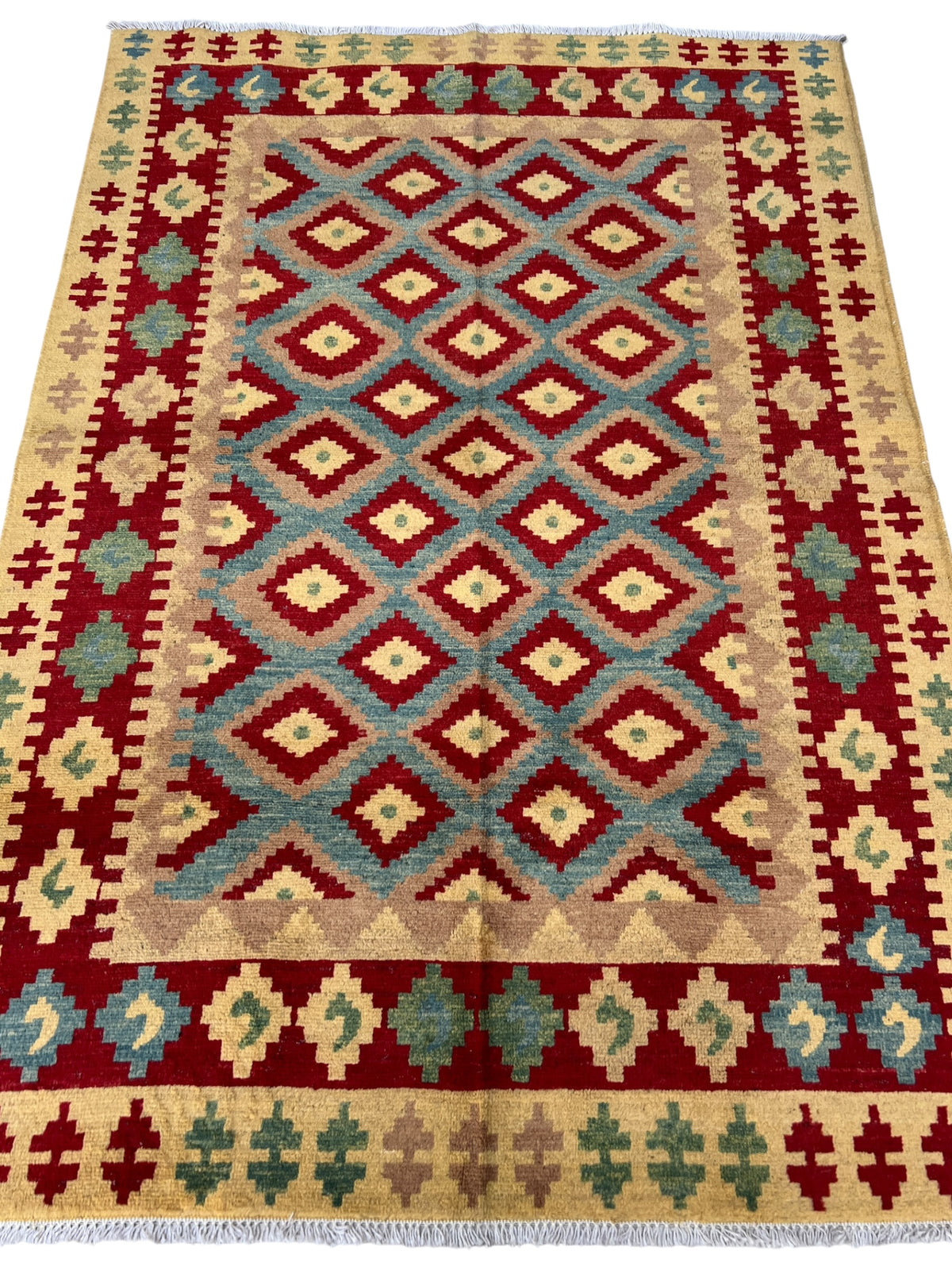 Chobi Rug 2x3 | Red, Gold & Green | hand-knotted wool | full view, end