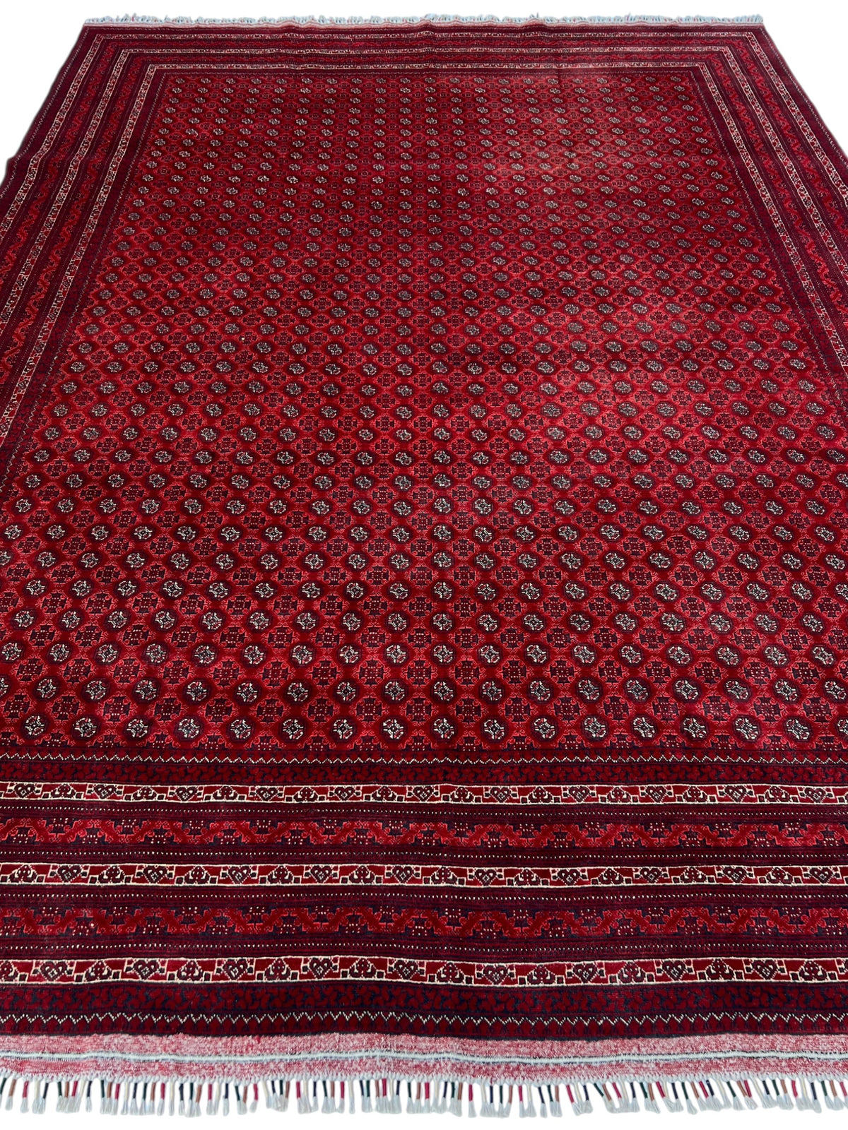 Turkmen Rug 8x11 | Red, Navy & Ivory | hand-knotted wool | full view, end