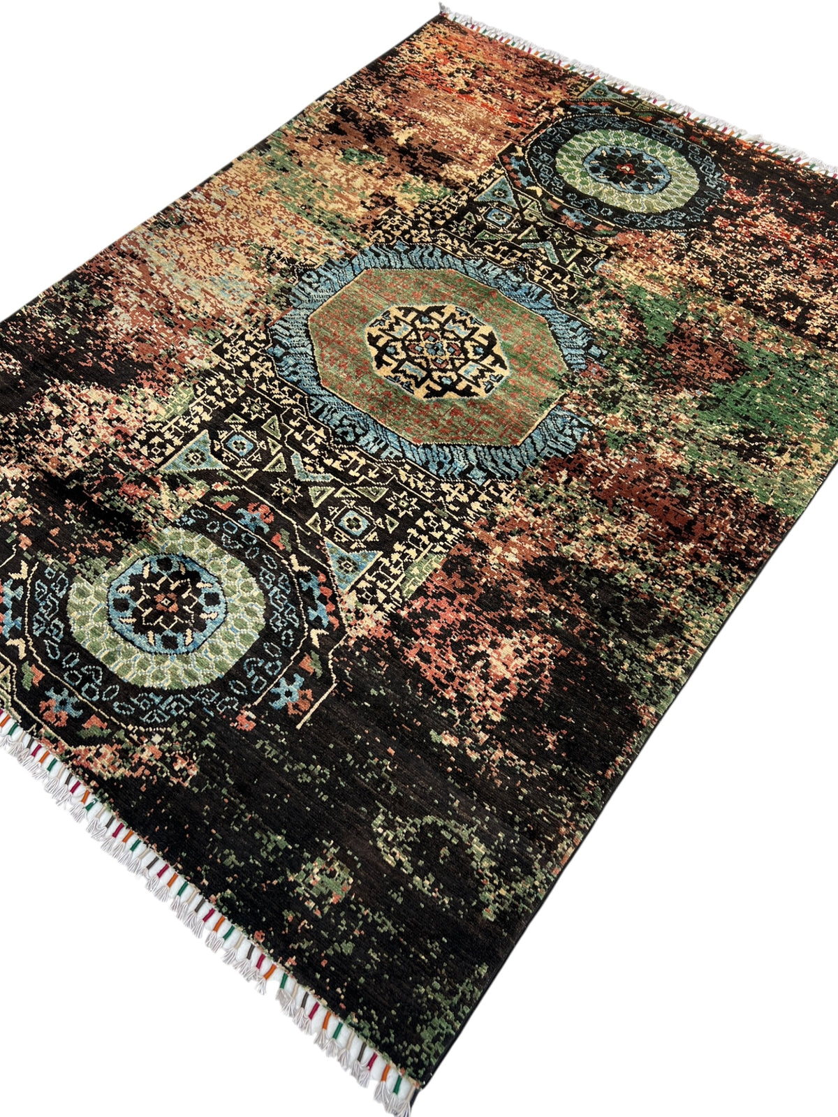 Modern Abstract Rug 5x7 | Black, Rose & Light Blue | hand-knotted wool | angled view