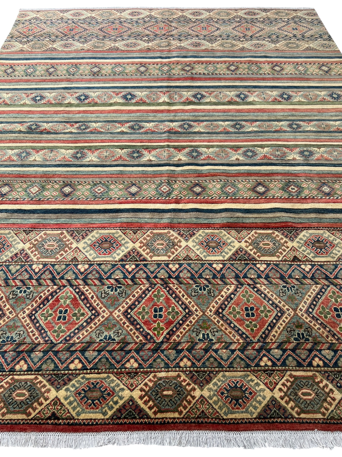 Kazak Rug 9x12 | Ivory, Red & Navy | hand-knotted wool | full view, end