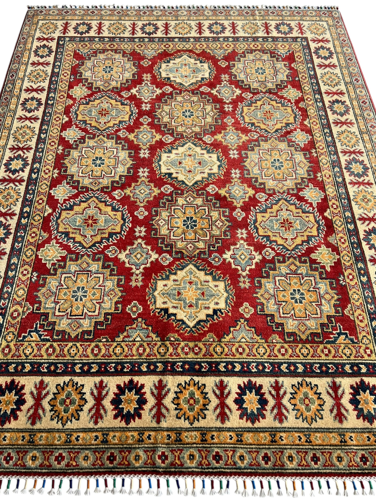 Kazak Rug 5x7 | Ivory, Red & Blue | hand-knotted wool | full view, end