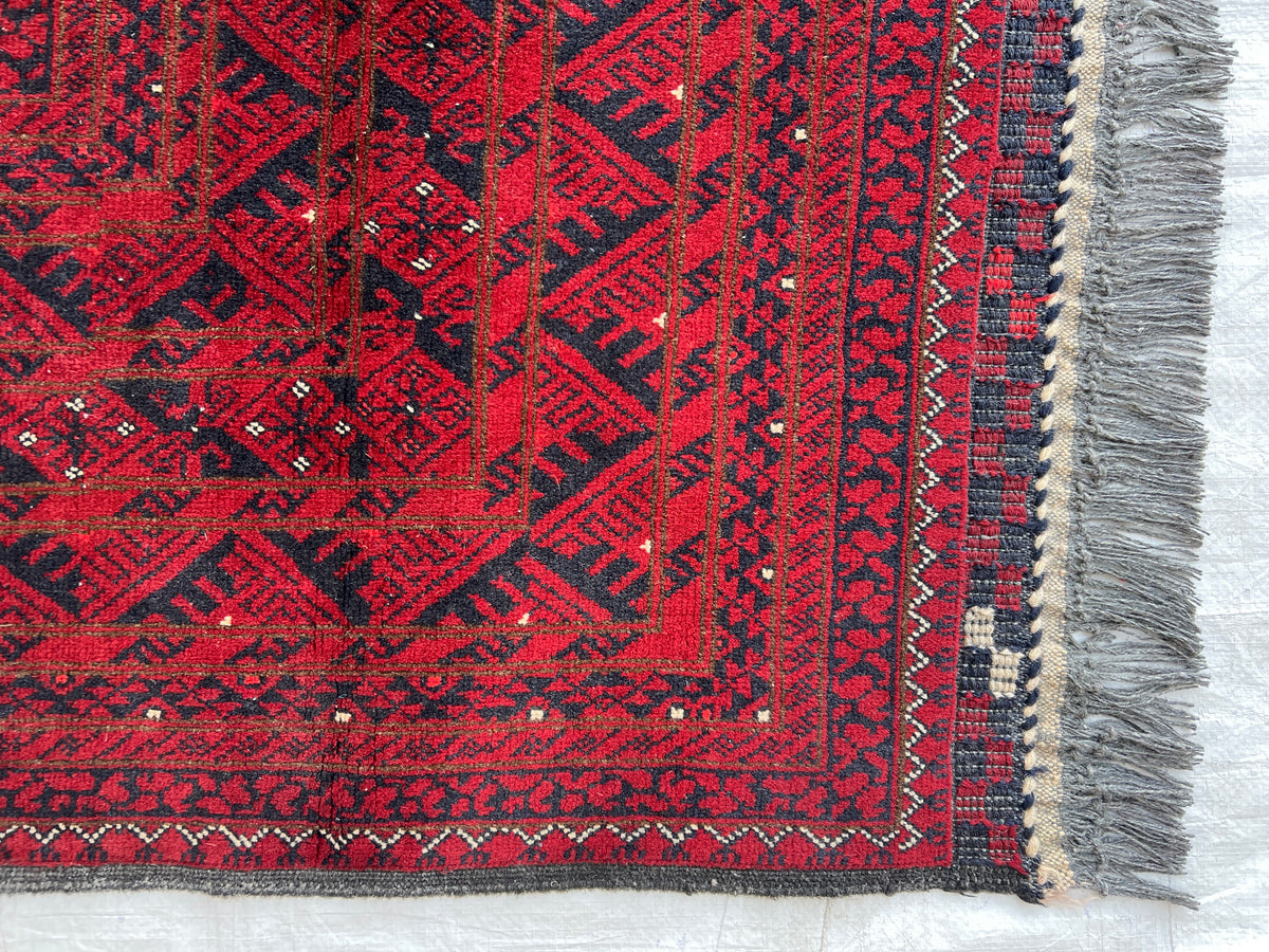 Bashiri Rug 6x9 | Red, Burgundy & Navy | hand-knotted wool | close-up of pile and border