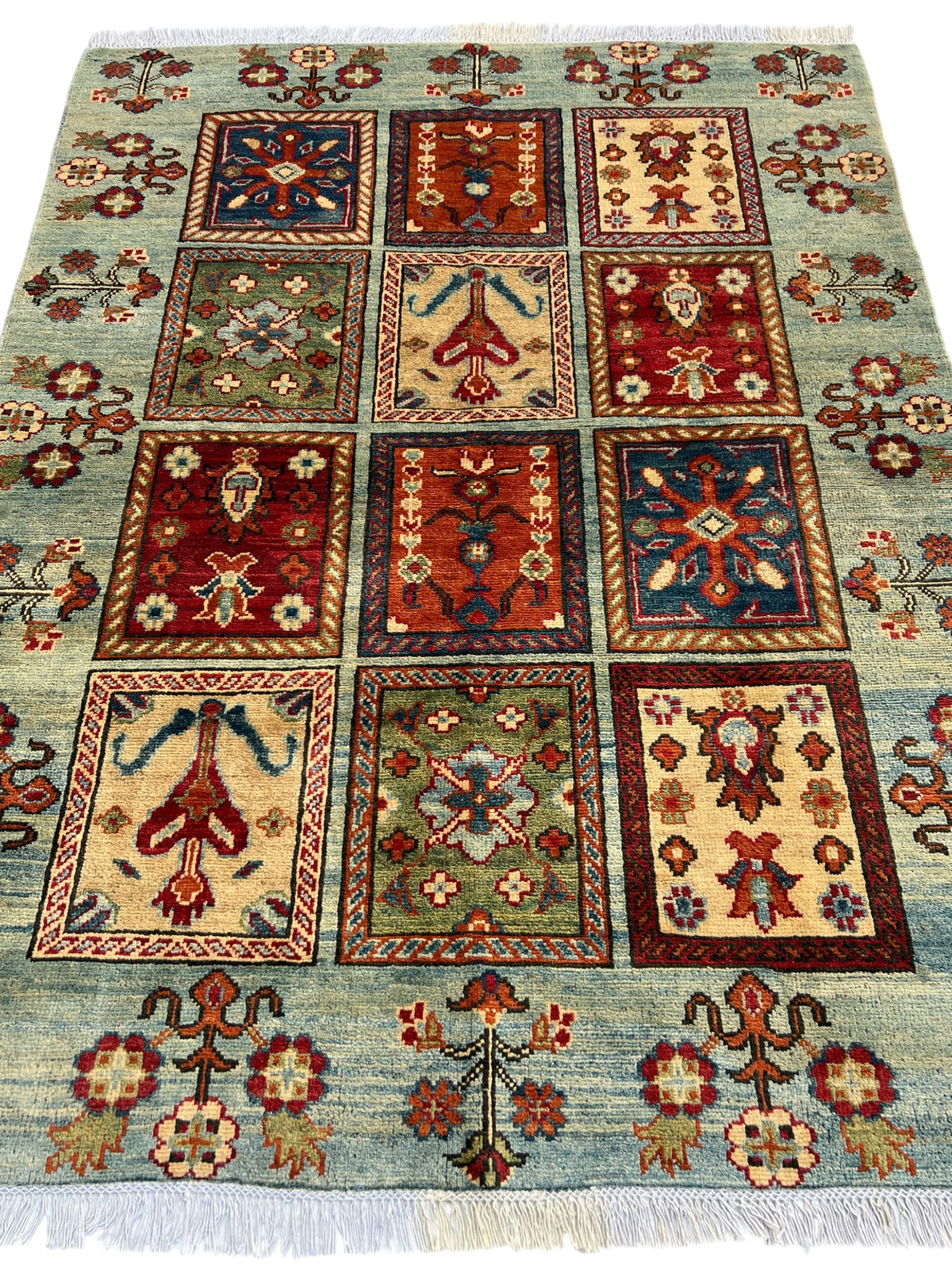 Kazak Rug 5x6 | Light Blue, Red & Gold | hand-knotted wool | full view, other end