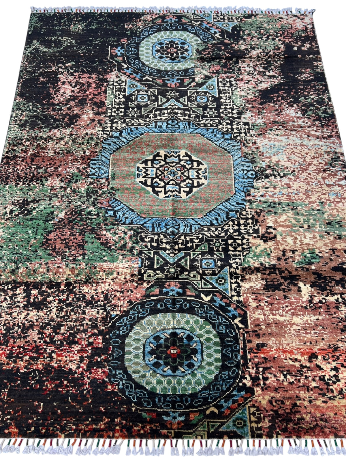 Modern Abstract Rug 5x7 | Black, Rose & Light Blue | hand-knotted wool | full view, end