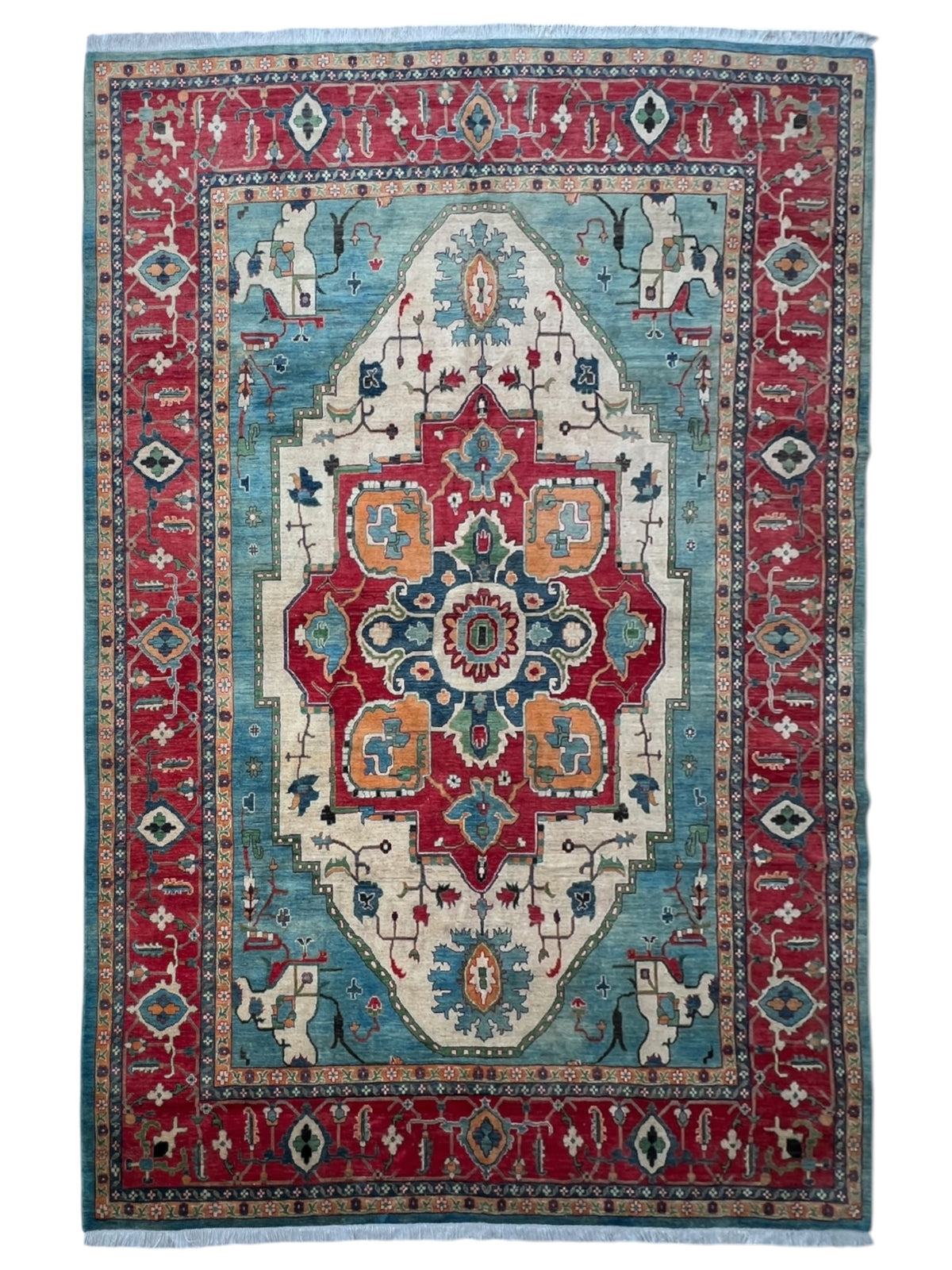 Kazak Rug 9x14 | Teal, Ivory & Red | hand-knotted wool
