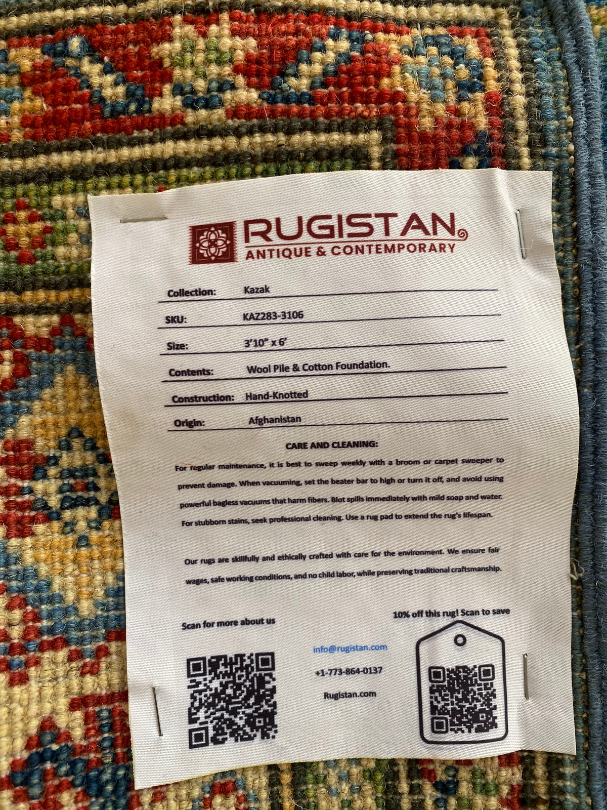 Kazak Rug 4x6 | Blue, Red & Ivory | hand-knotted wool | Rugistan® rug ID tag